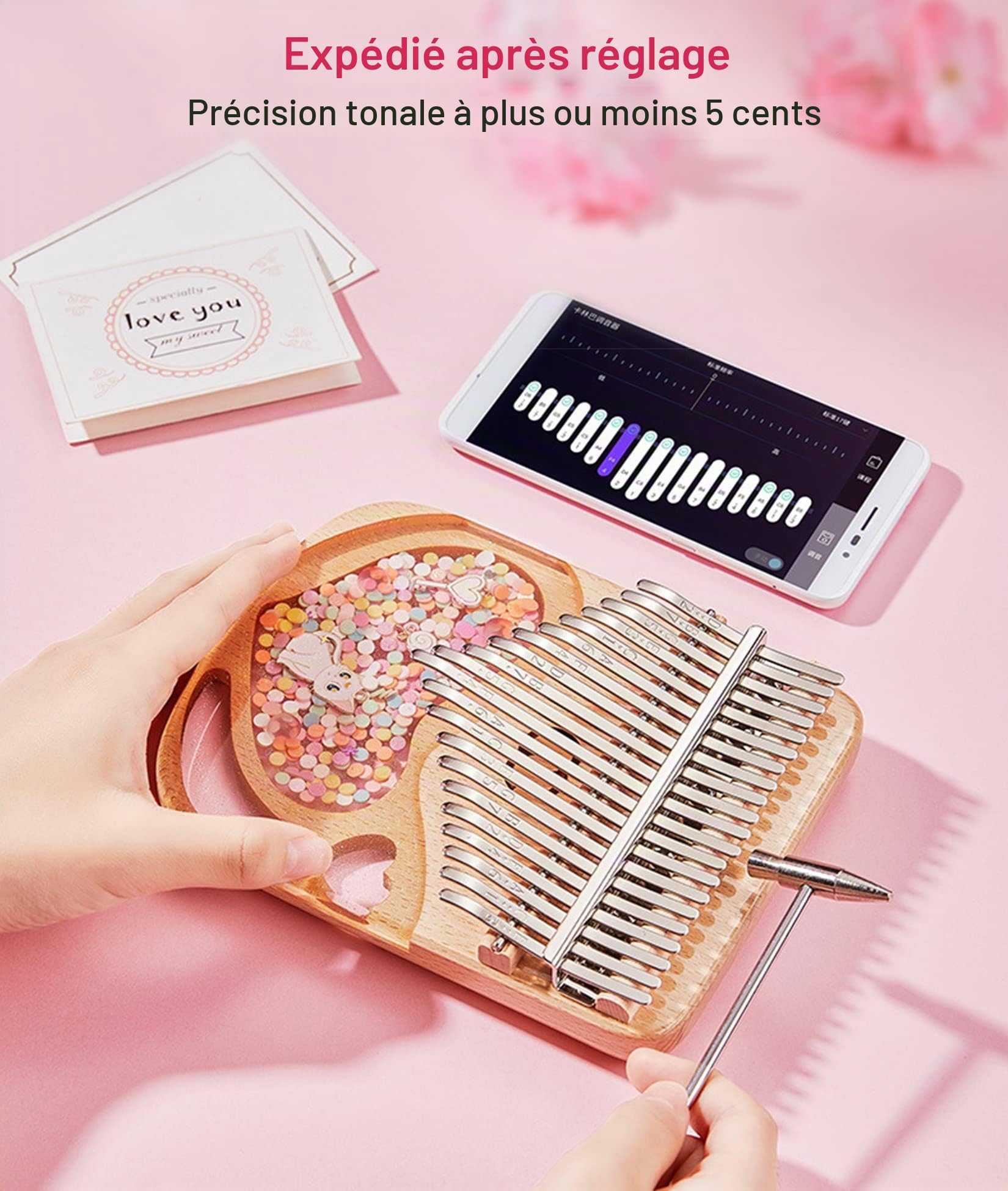 BOTOWI 17 Touches de Piano à Doigts Cadeau Musical, Kalimba en Cristal 21 Touches de Piano à Pouces en Acrylique Transparent avec Sac Eva, Marteau Accordage, Chiffon de Nettoyage,17keys Sakura