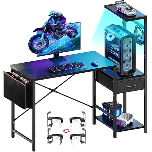 Bestier 44 Inch Gaming Desk for Small Spaces, Reversible Computer Desk with Drawers & Shelves, Modern Gamer Desk Table with Side Bag & Headphone Hook for Home Office, Black