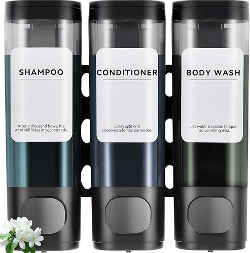 Paquete de 3 dispensadores de champú y acondicionador, dispensador de jabón de ducha, 3 cámaras, sin taladro, para montaje en pared, juego de