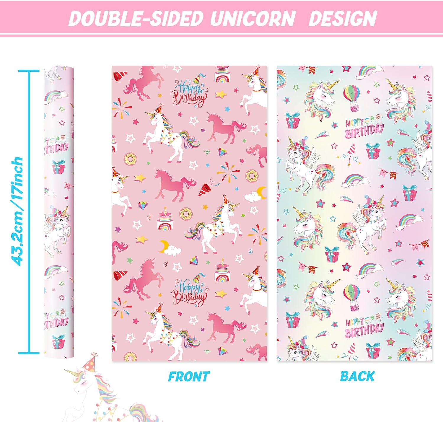 WERNNSAI Unicorn Reversible Wrapping Paper Roll - 17' x 33 ft Unicorn Princess Gift Wrapping Paper - Pink & White - 48.5 sq ft - Baby Shower & Birthday Occasion