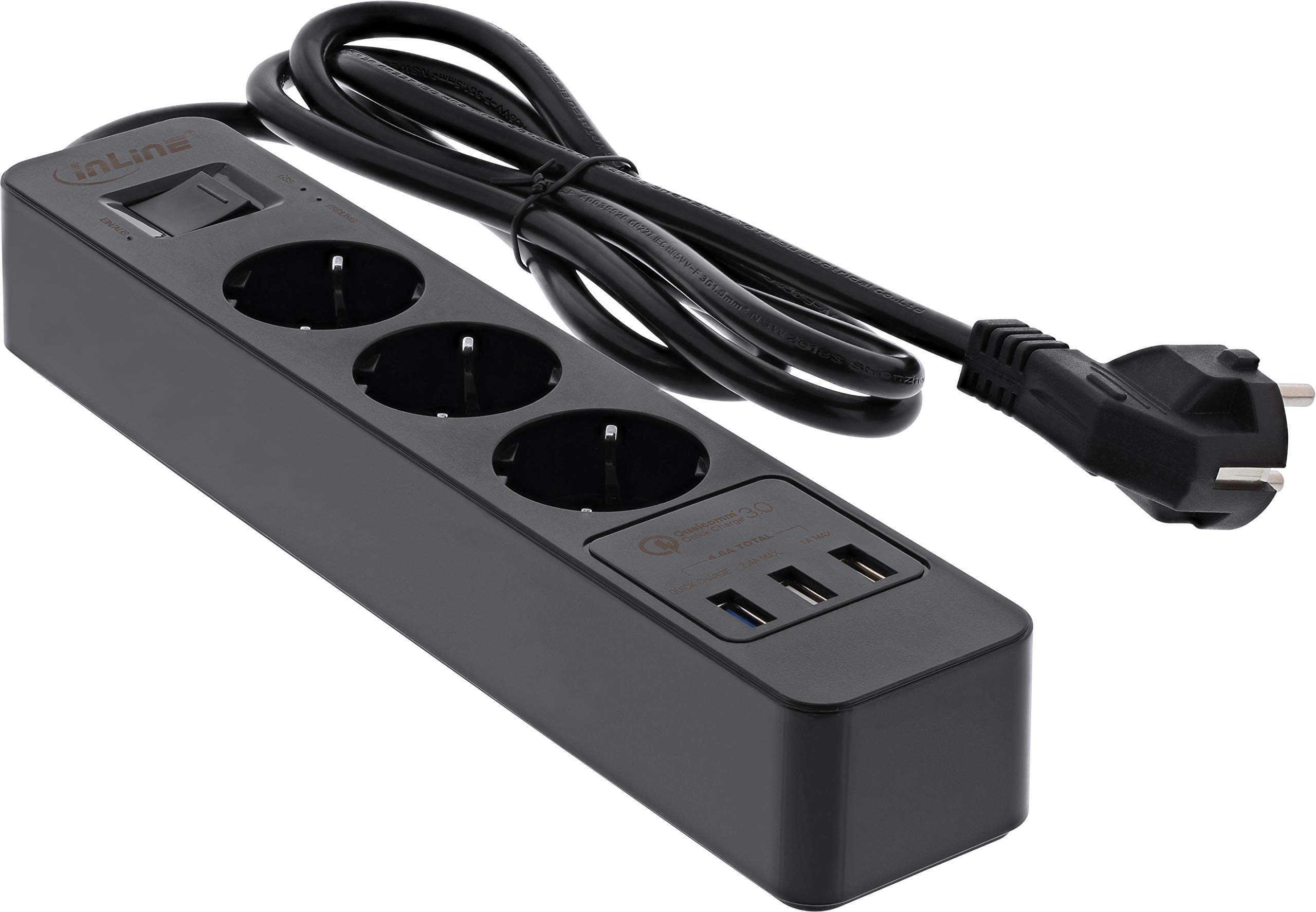 InLine 16491S Regleta de 3 enchufes, protección contra sobretensiones y QuickCharge USB, con Interruptor, 1,5 m, Color Negro