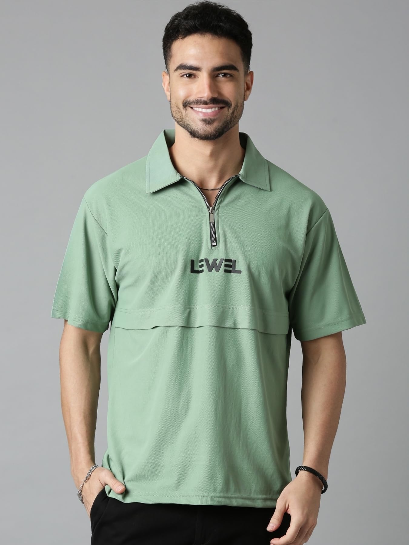 lewel Men's Stylish Layered 3/4 Sleeve Oversized Zipper Polo T-Shirt (Light Green)-picture-18