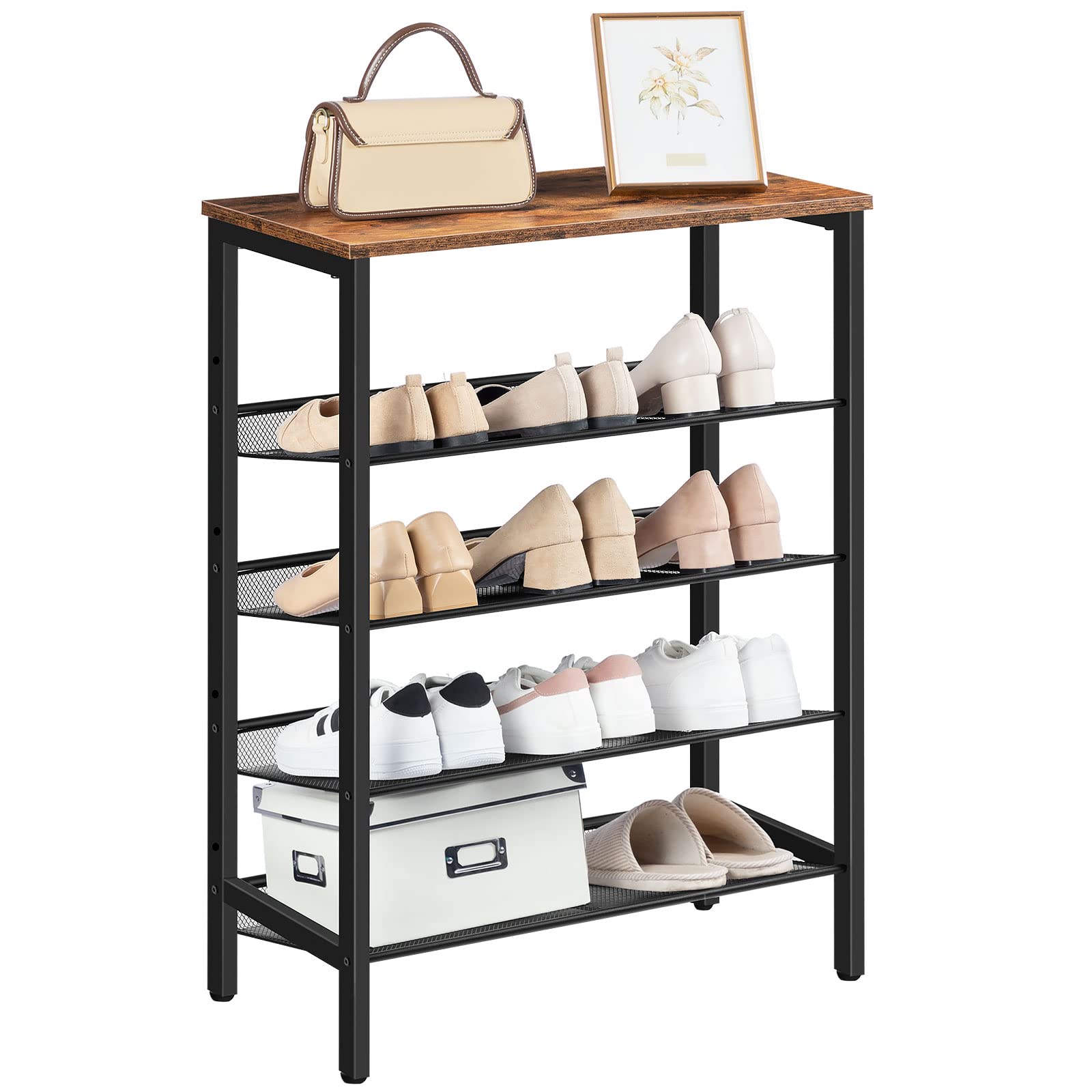 HOOBRO EBF106XJ01 5-poziomowy organizer na buty, regał z płaską lub ukośną regulowaną półką, wąski do przechowywania butów, do przedpokoju, 60 x 30 x 85 cm, metalowa rama