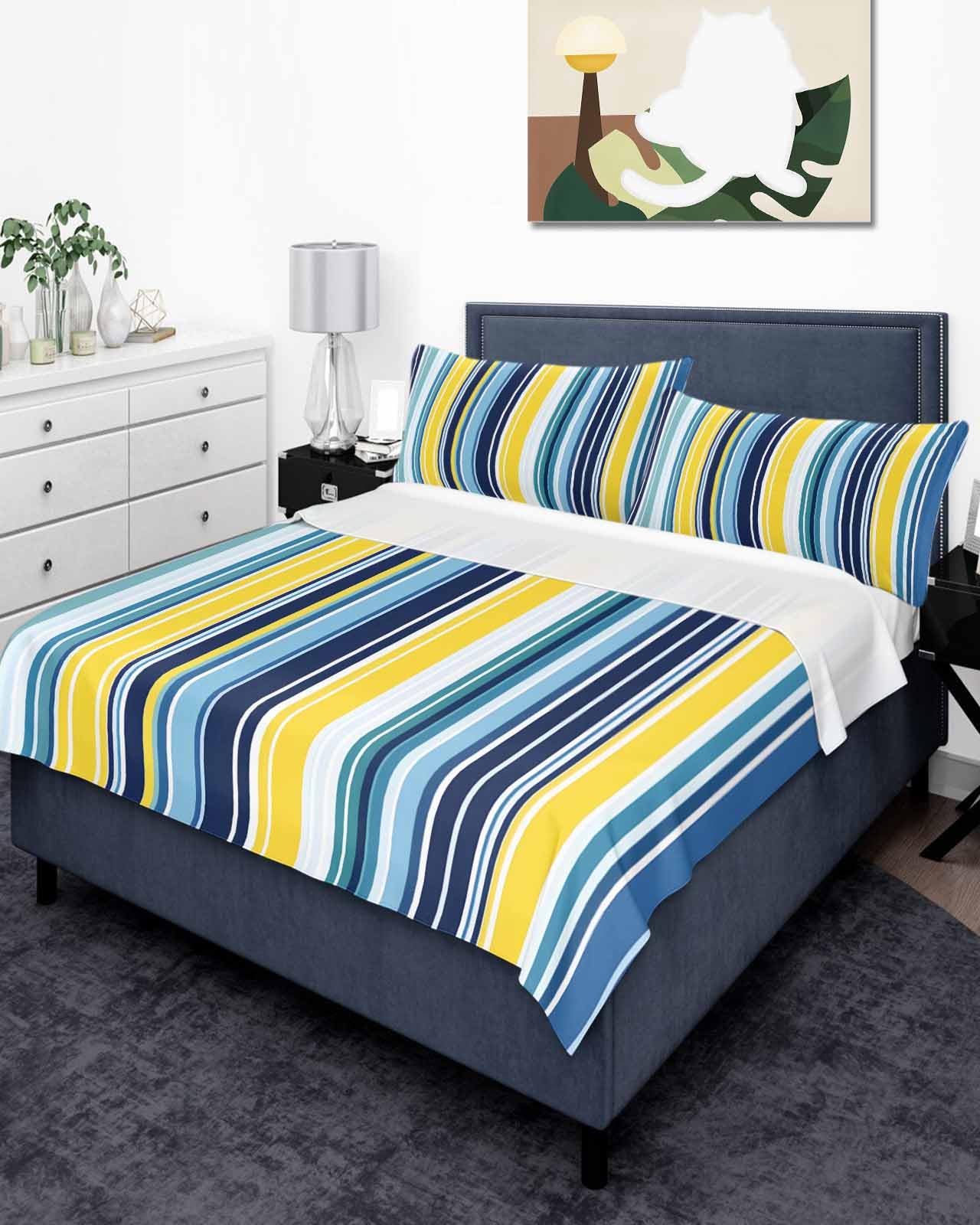 Full Top Sheet Bedding Flat Sheet Only, Abstract Colorful Stripes Seamless Soft Microfiber Bed Sheets Hotel Luxury, Blue Yellow Green Line Breathable Top Sheets Easy Care