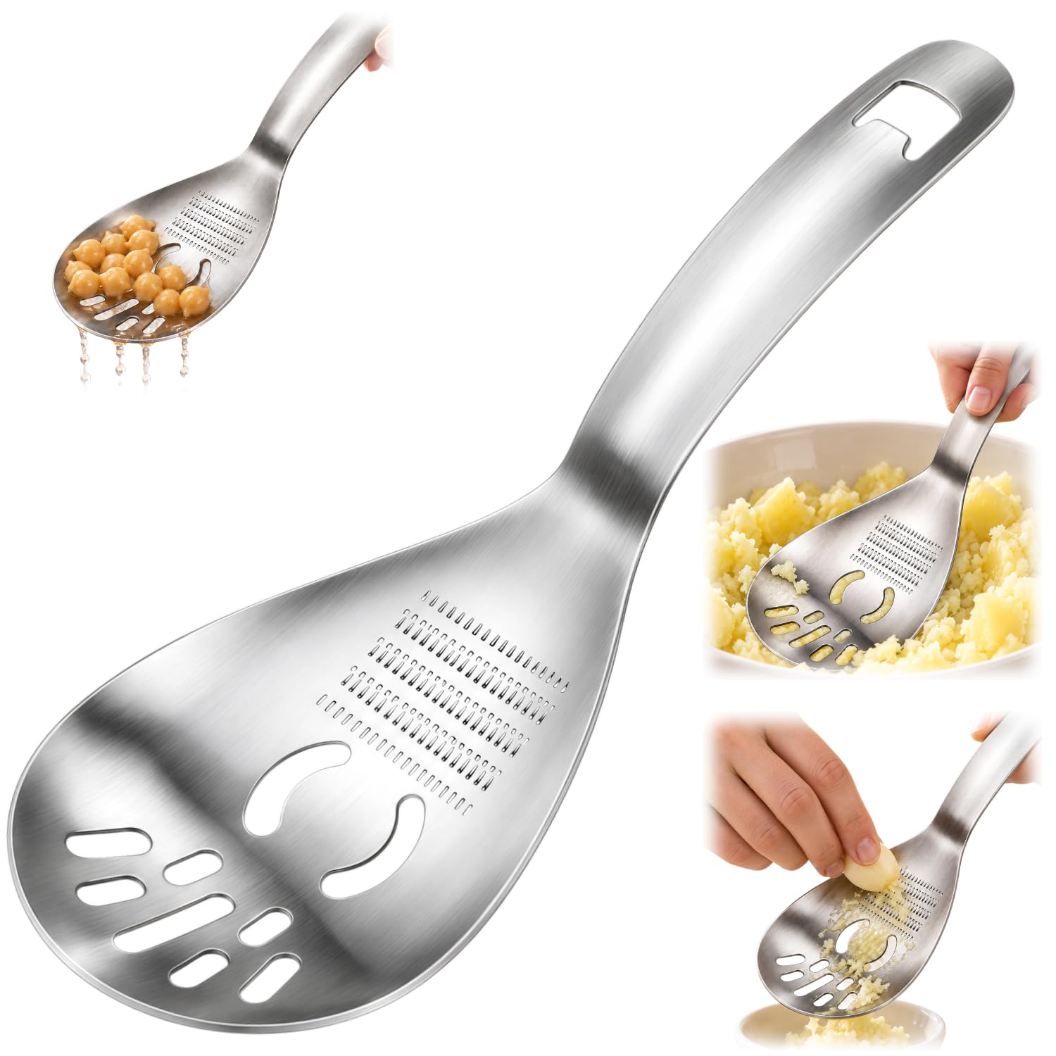 5-in-1 Stainless Steel Cooking Spoon, Multifunctional Home Kitchen Tool with Garlic and Ginger Grater, Egg Separator, Pasta Scoop, Soup Strainer and Bottle Opener