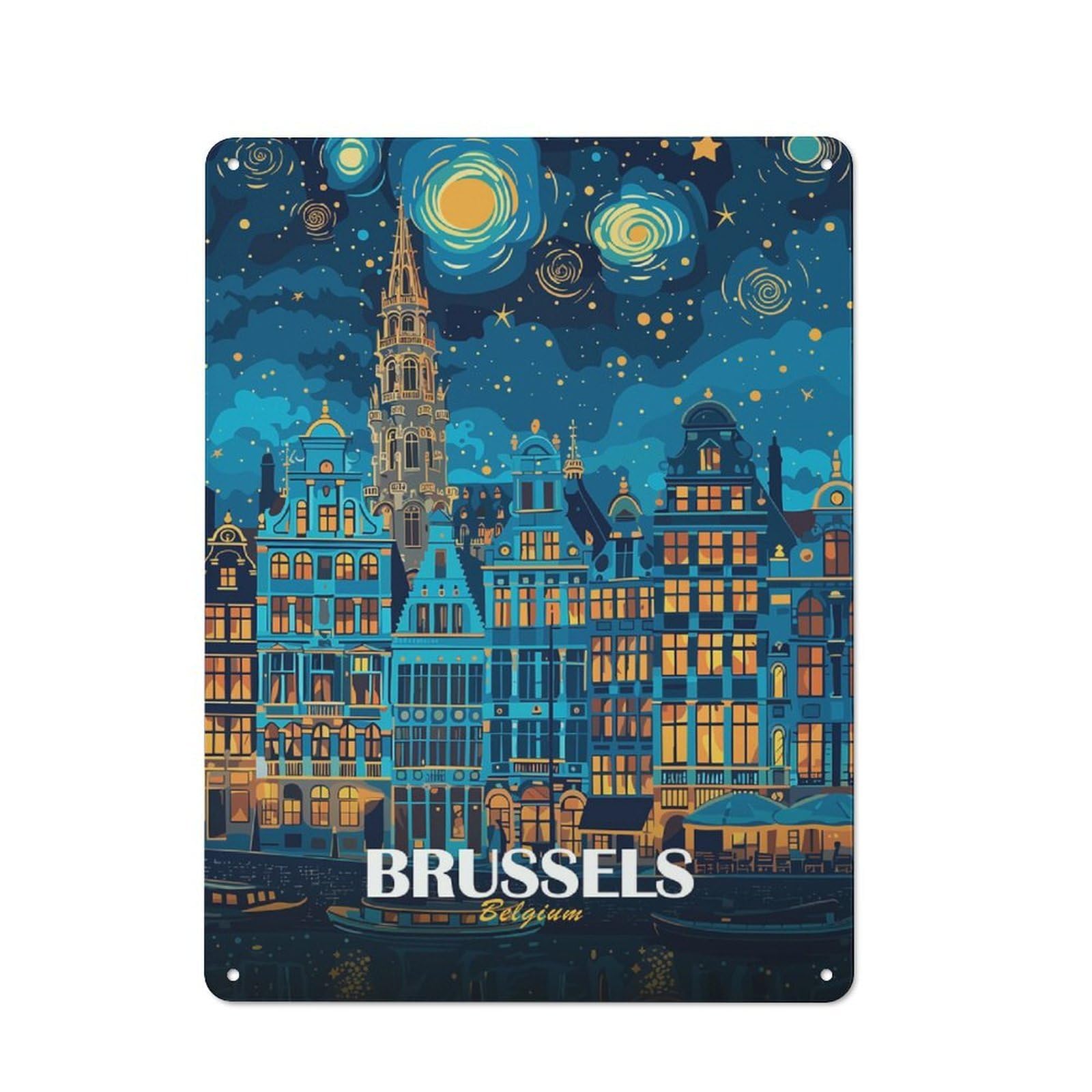Brussels Belgium Night Cityscape Rustic Tin Sign 40x30cm for Garage Or Workshop, with Clear Rustic Wall Decor Character