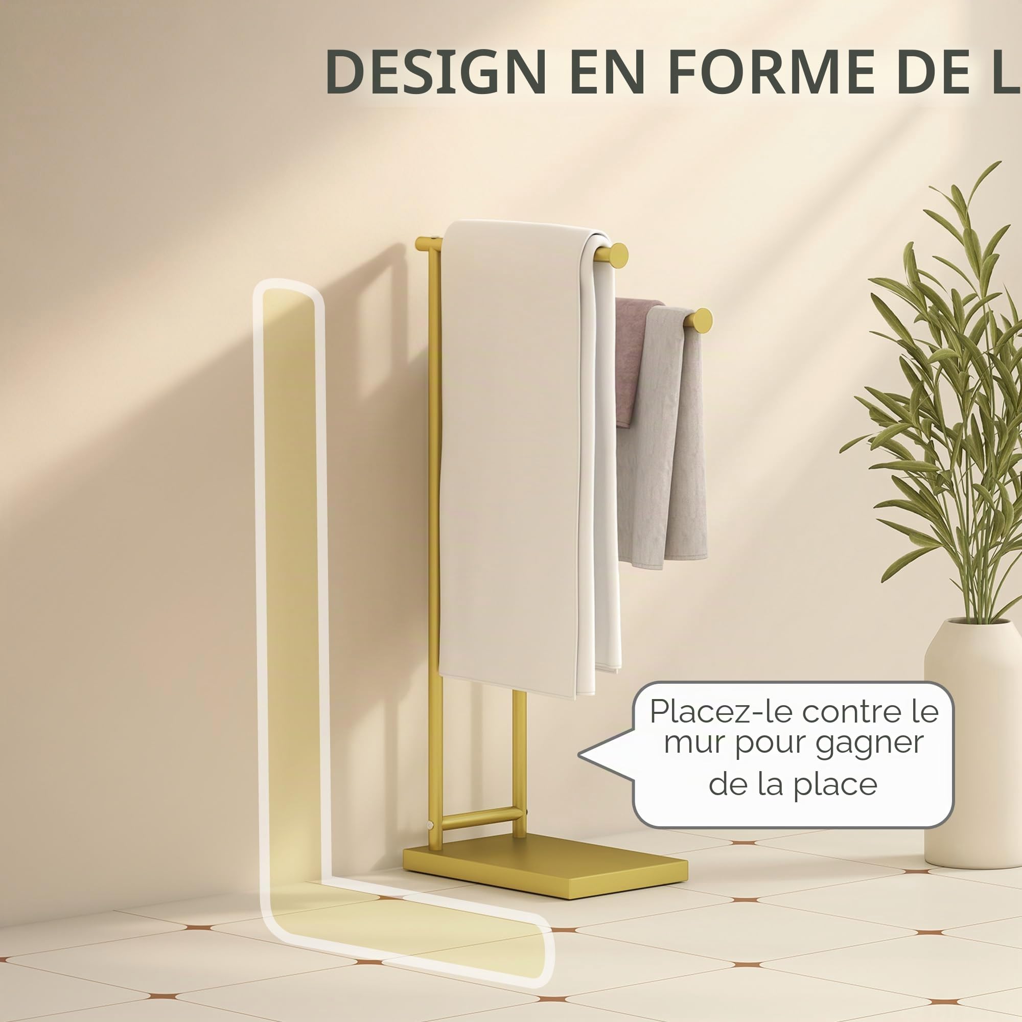 HOMCOM Porte-serviettes sur pied à 2 niveaux avec 2 barres 35,5 x 20 x 78 cm Doré | Porte-serviettes échelle de salle de bain, cadre métallique, style moderne, en forme de L