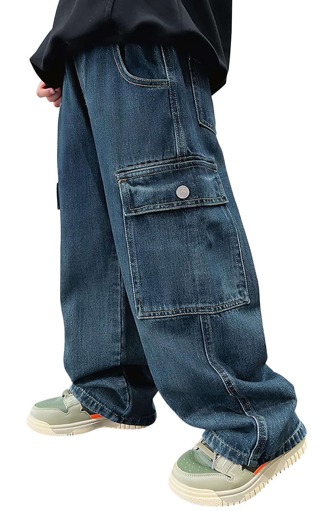 Happy Cherry Y2K Jean baggy pour garçon Taille élastique Pantalon cargo en denim avec plusieurs poches Pantalon vintage ample Streetwear pour enfants de 6 à 13 ans