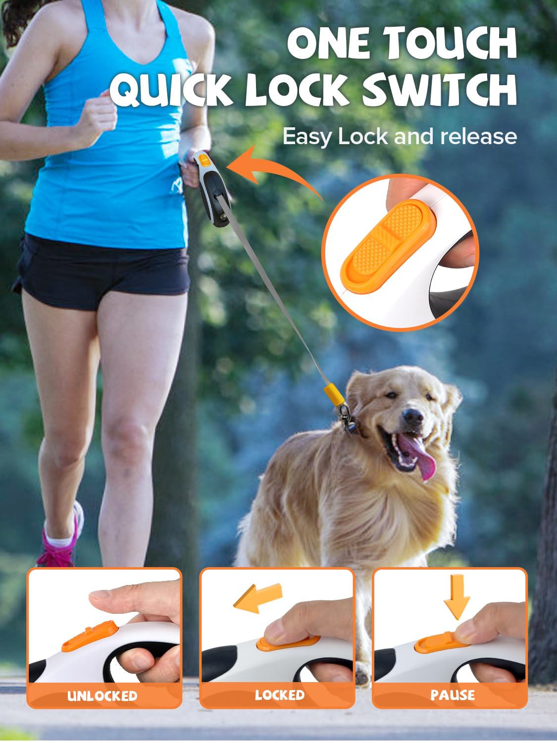 Correa retráctil para perro con linterna LED, correa retráctil 3 en 1 para perros pequeños y medianos de hasta 66 libras, 16 pies, mango antideslizante (negro-blanco)