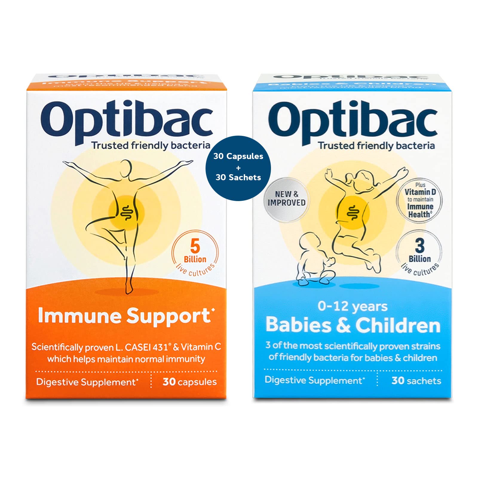 Optibac Probiotics Immunity Bundle - Immune Support Probiotics with Vitamin C (30 Capsules) & Babies & Children Probiotics with Vitamin D (30 Sachets)