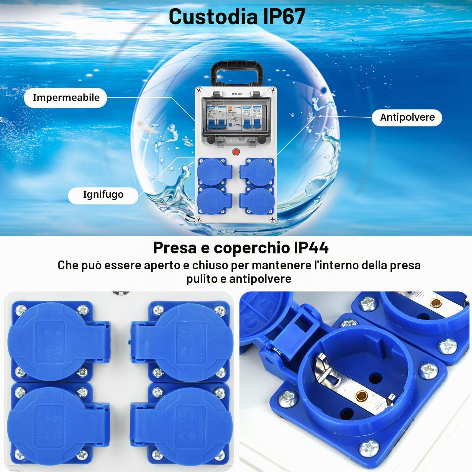 Cofanetto elettrico di cantiere 230 V - Scatola divisore a parete IP67 - Distributore corrente 16 A con interruttore splitter