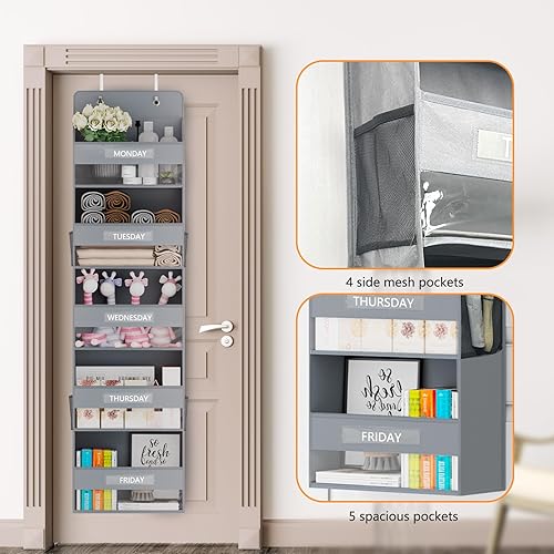 Miniatura 10 de Organizador de almacenamiento de despensa colgante sobre la puerta con 5 bolsillos grandes con ventana de PVC transparente y 2 ganchos de metal