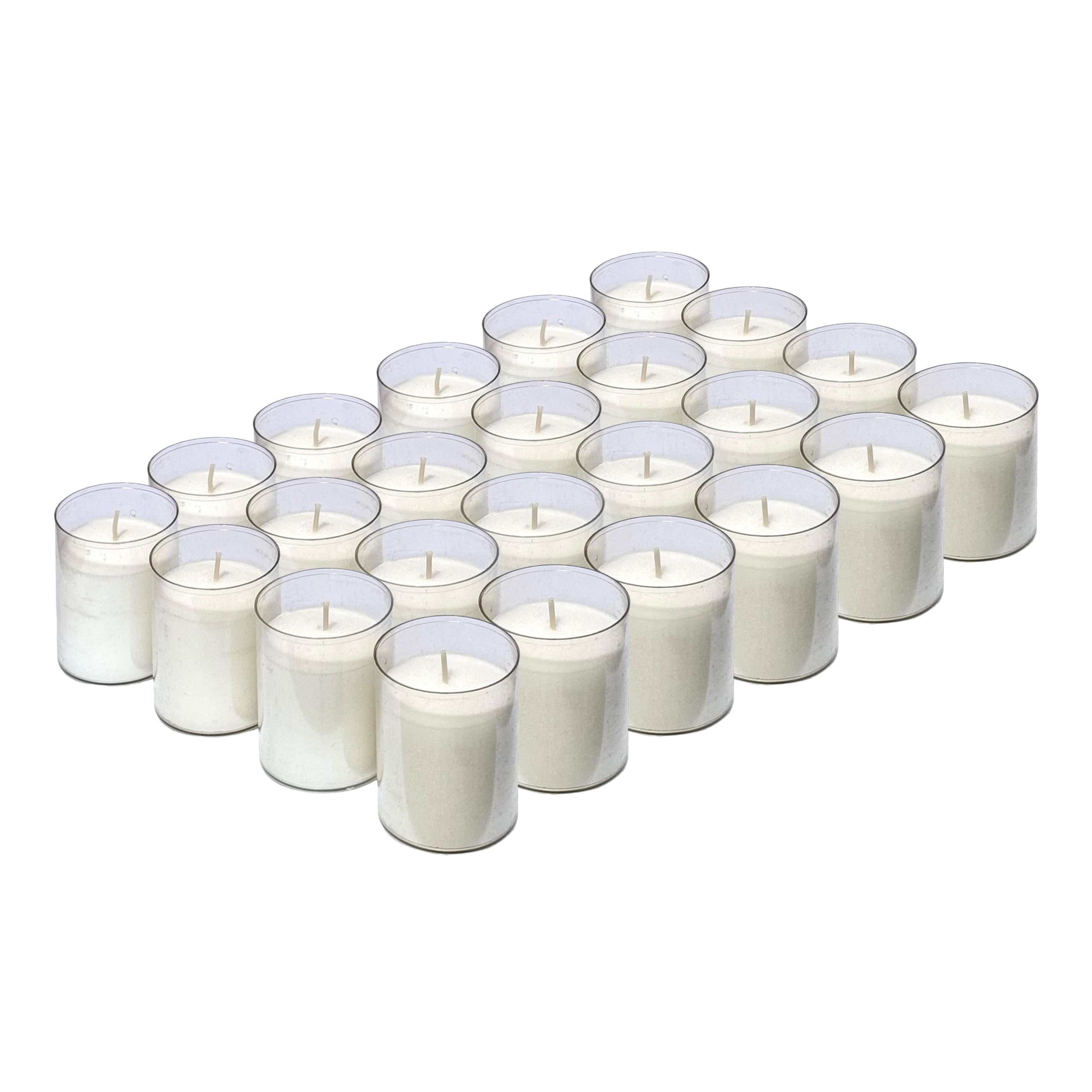 Horeca Candles - Velas de té blancas - Duración 24 horas - Juego de 24 velas sin perfume - Vaso de plástico transparente - Velas para boda, decoración, gastronomía