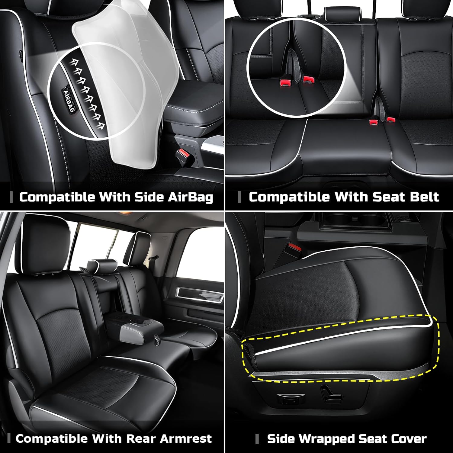 Premium Faux Leather Seat Covers Custom Fit for Dodge RAM 1500 (2012-2019 Lone Star) & RAM 1500 Classic (2019 Laramie) Crew Cab - Fully Covered - (D1 Size, Confirm with Fitment Guide Before Order)