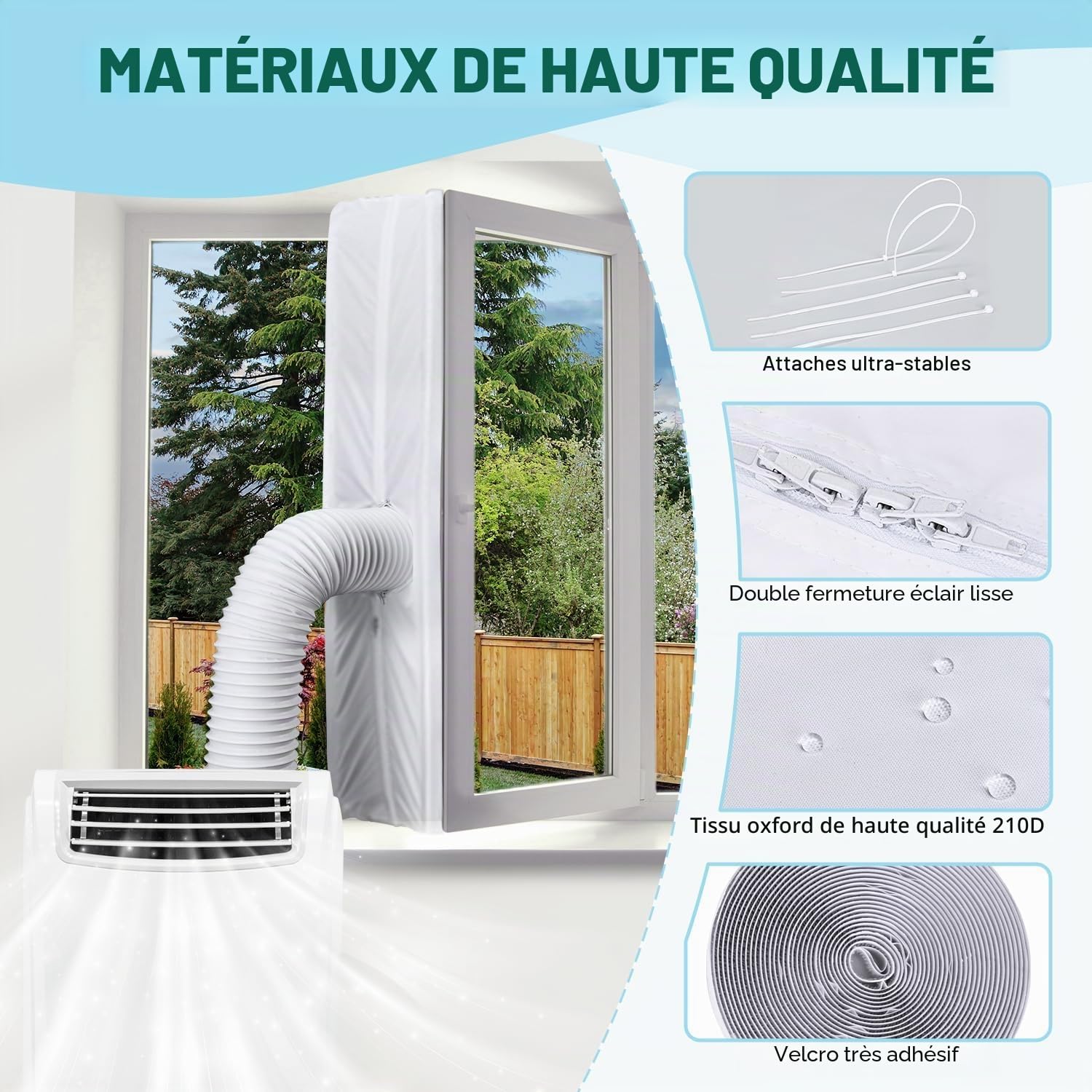 Mrrihand Kit Calfeutrage Climatiseur, Joint de Fenetre Universel (400cm) | avec Fermeture à Glissière, Liens de Fixation, Bande Adhésive, Joint de Fenêtre pour Climatisation Mobiles étanche