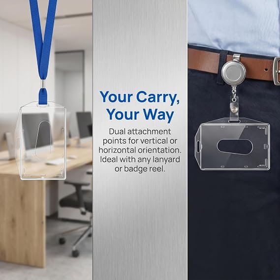 Clear ID Card Badge Holders, 4Pcs Hard Plastic Rigid Card Holder for Lanyard, Double-Sided Horizontal and Vertical Pass Protector with Thumb Slot for Office, School, Work