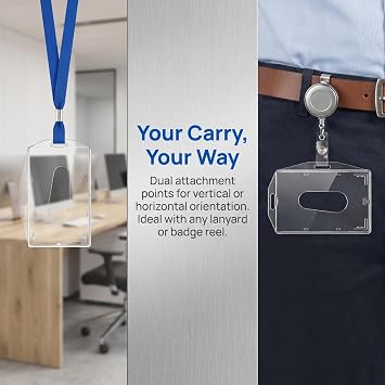 Clear ID Card Badge Holders, 4Pcs Hard Plastic Rigid Card Holder for Lanyard, Double-Sided Horizontal and Vertical Pass Protector with Thumb Slot for Office, School, Work