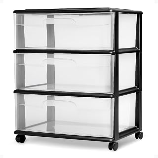 Homz 3-Tier Wide Clear Plastic Storage Drawer Cart Tower with Wheels, Black Frame - Home Office Bathroom Organizer