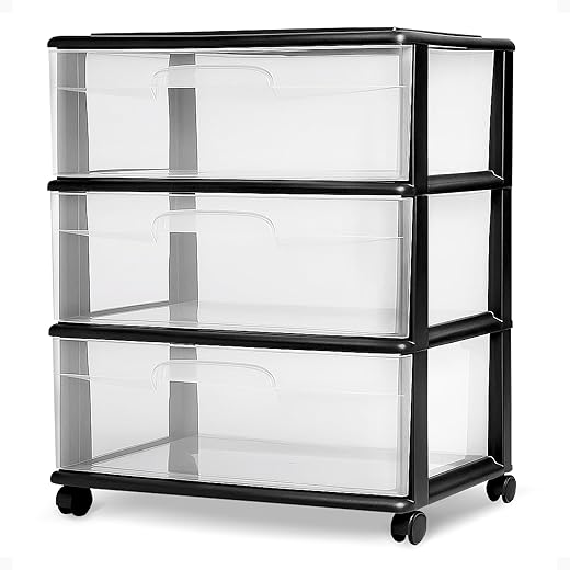 Homz Heavy Duty 3 Durable Clear Plastic Drawers Tall Wide Rolling Storage Cart with 4 Wheels for Home, Dorm, Office, and Classroom Organization, Black