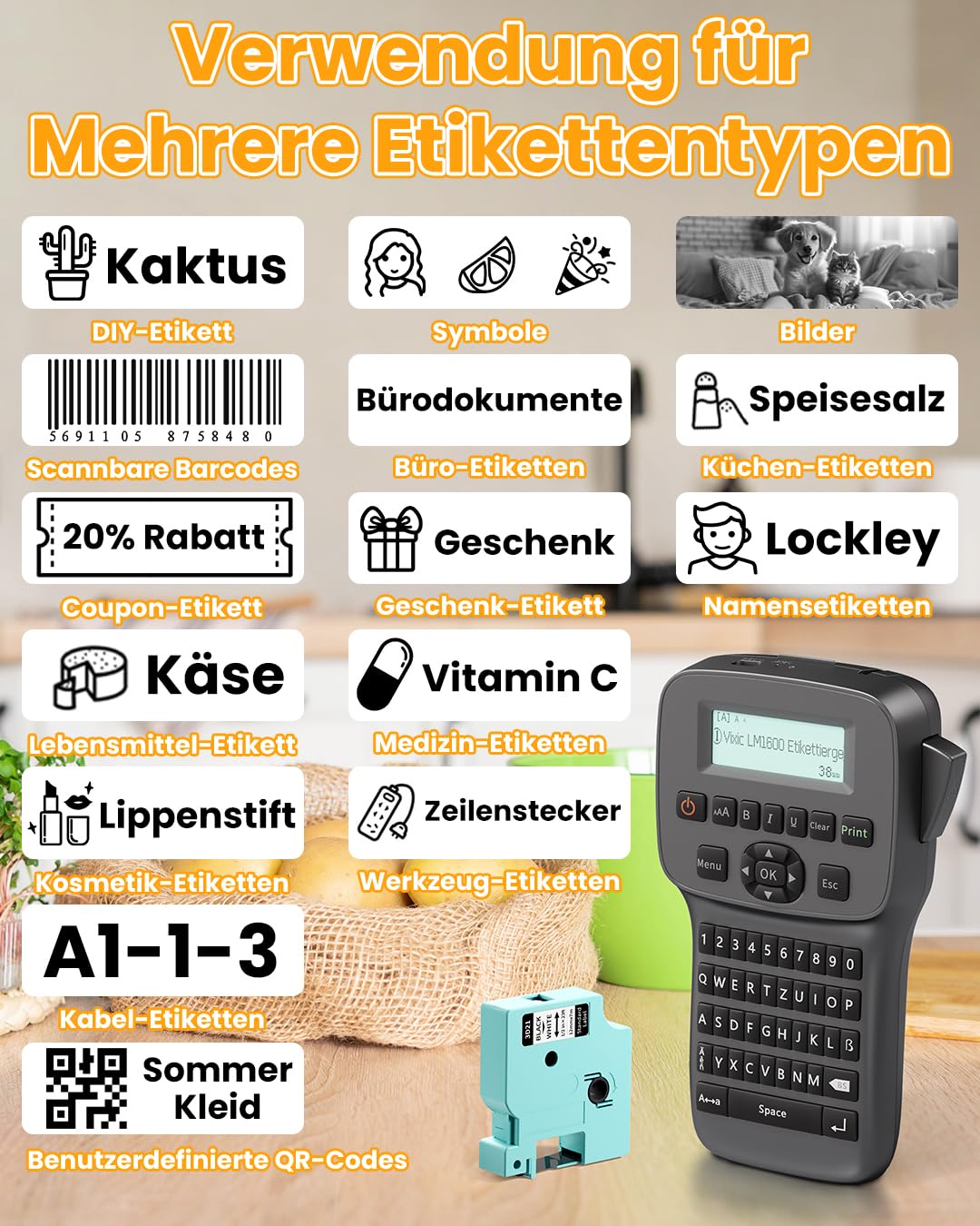 Vixic Tragbares Beschriftungsgerät mit wiederaufladbarem Akku und Bluetooth, LM1600 Etikettiergerät mit QWERTY Tastatur, einfache Textbearbeitung für D1 Etiketten in 12mm Breite