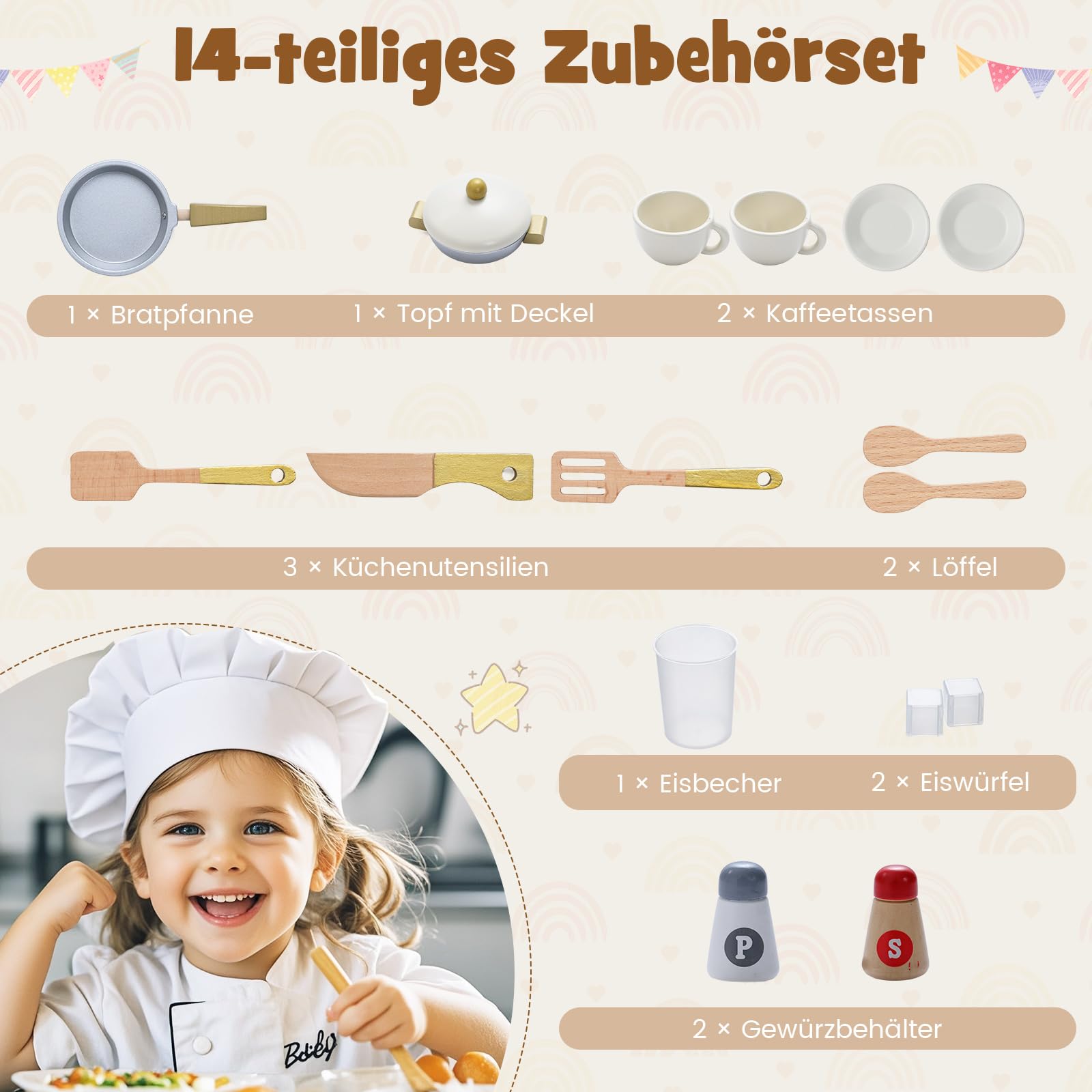 COSTWAY Drewniana kuchnia dziecięca, kuchnia do zabawy z kuchenką, kranem, zlewem i szafką, kuchnia zabawkowa z piekarnikiem, ekspresem do kawy, mikrofalówką, w zestawie 14 akcesoriów, dla dzieci od 3