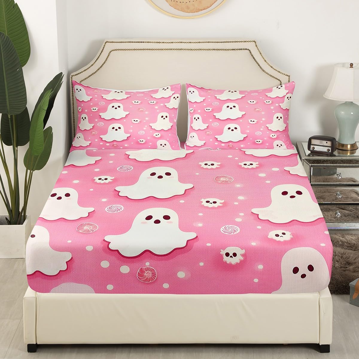 Halloween Bed Sheets Cartoon Ghost Fitted Sheet Full,Halloween Candy Gothic Sheets,Kawaii Shadows Pink Room Decor Halloween Decorations Indoor