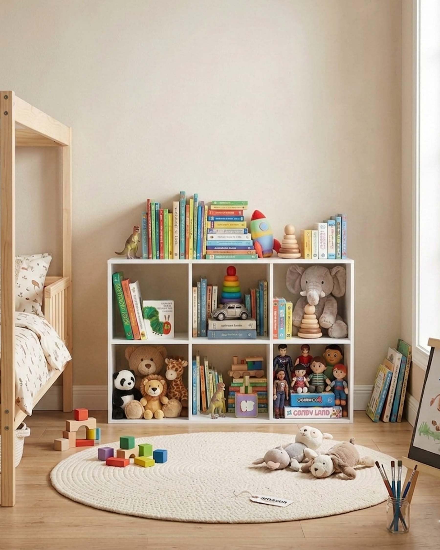 Libreria Bambini e Scaffale Portatutto - Mobiletto Organizzatore Giocattoli Bianco, Scaffale con 6 Cubi, Mobile Contenitore Stabile per Cameretta e Salotto, 92.5x29x62 cm