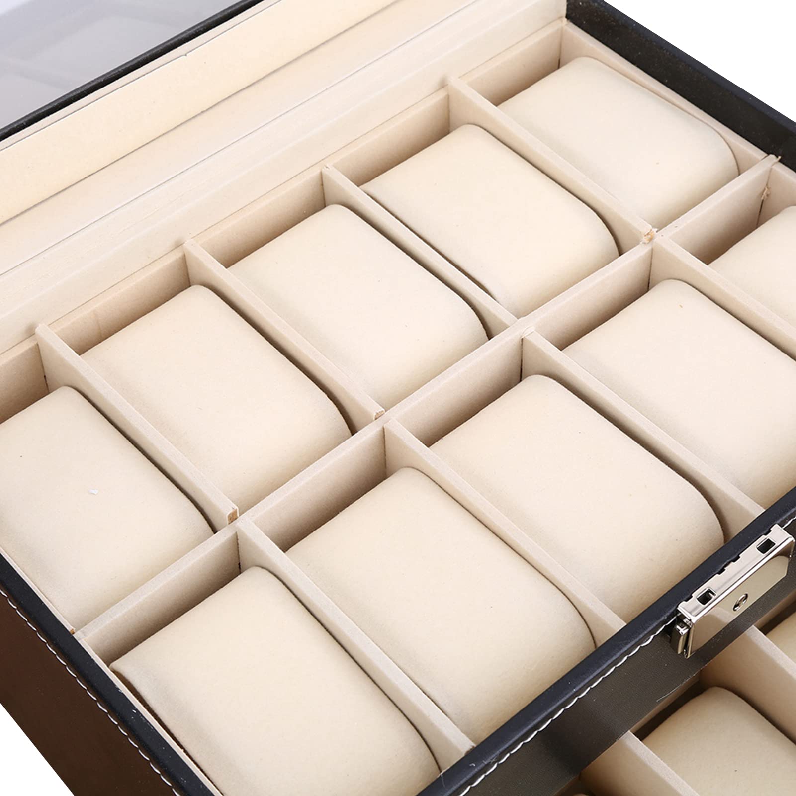 Ejoyous Caja de almacenamiento de 10 rejillas, caja de reloj para 10 relojes, funda de piel sintética con tapa de cristal y cojín para reloj, para hombre y mujer, decoración, coleccionar y regalar