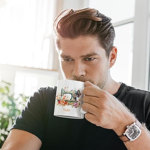 Miniatura 2 de Máquina de coser vintage personalizada con tazas de flores, Tazas con nombre personalizado, Tazas de cerámica blanca, Tazas de viaje de café, Regalo