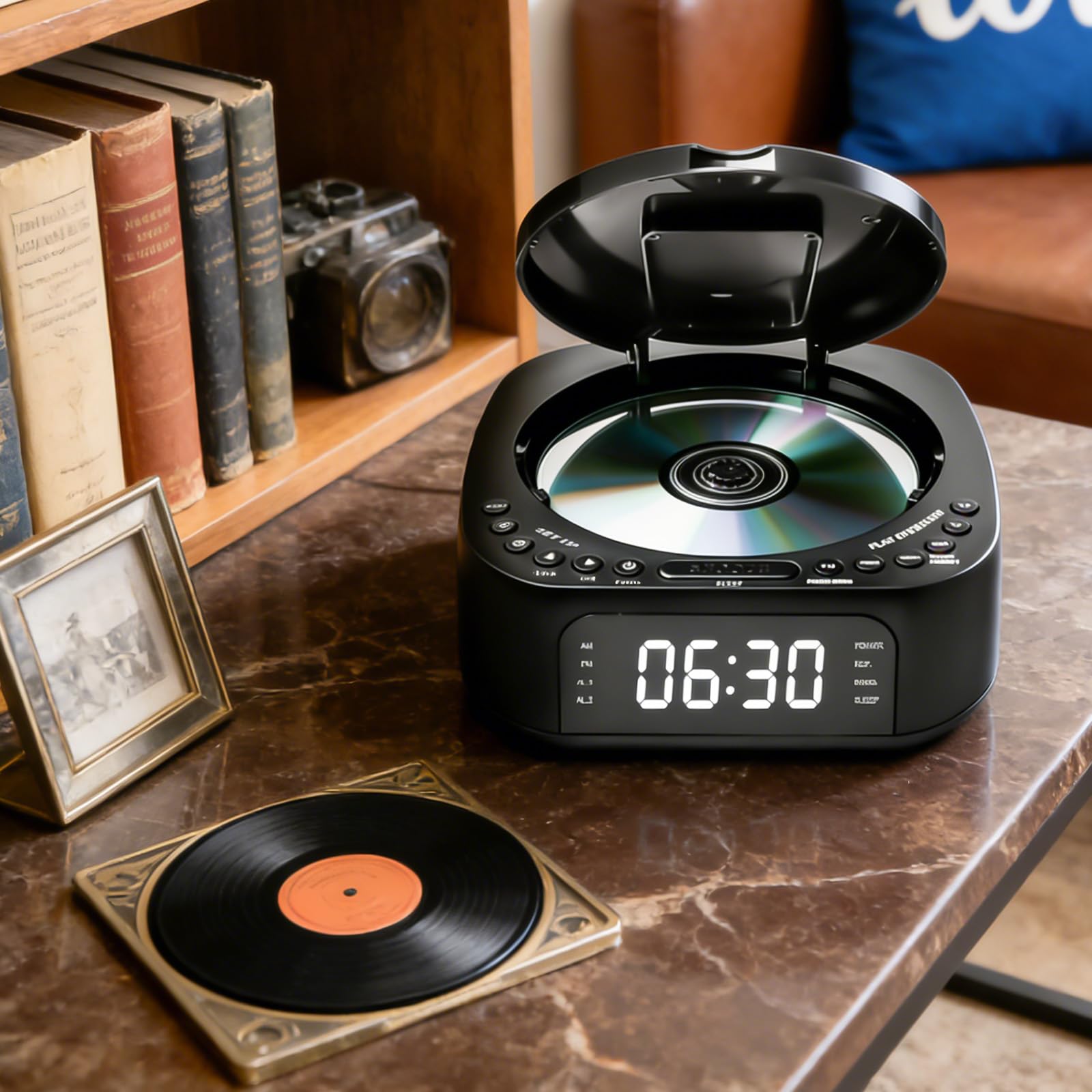 Lecteur CD portable avec Bluetooth, radio FM, lecteur CD MP3 avec double haut-parleur stéréo, réveil, SleepTimer, lecteur CD rechargeable, prend en charge USB/AUX, grand écran, télécommande, noir