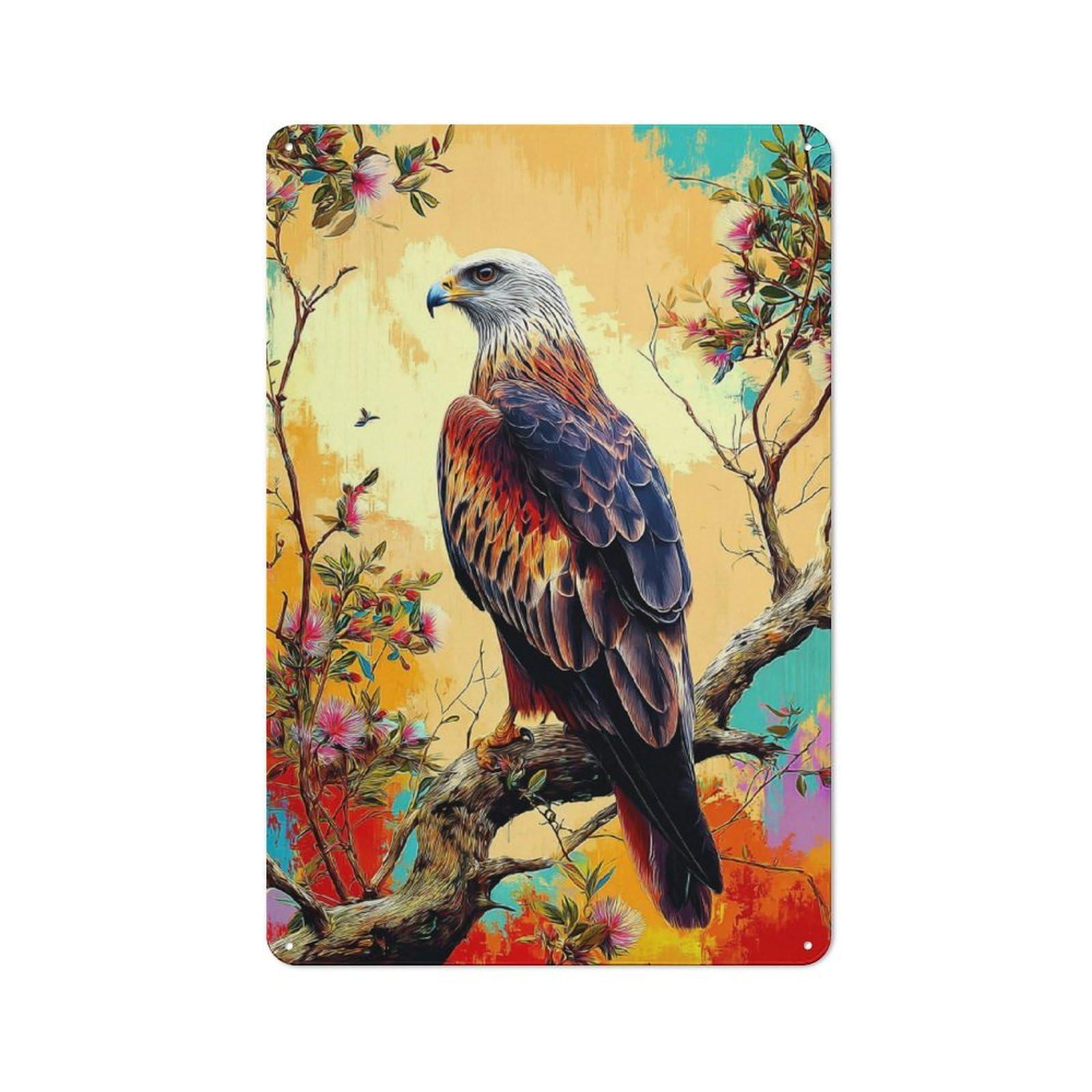 Junmoney Eagle Perched On Branch With Flowers-2 Metal Wall Sign With Design 30X20cm, Loft Style Studio Wall Art For Flat, Bar, Studio Or Gallery Wall
