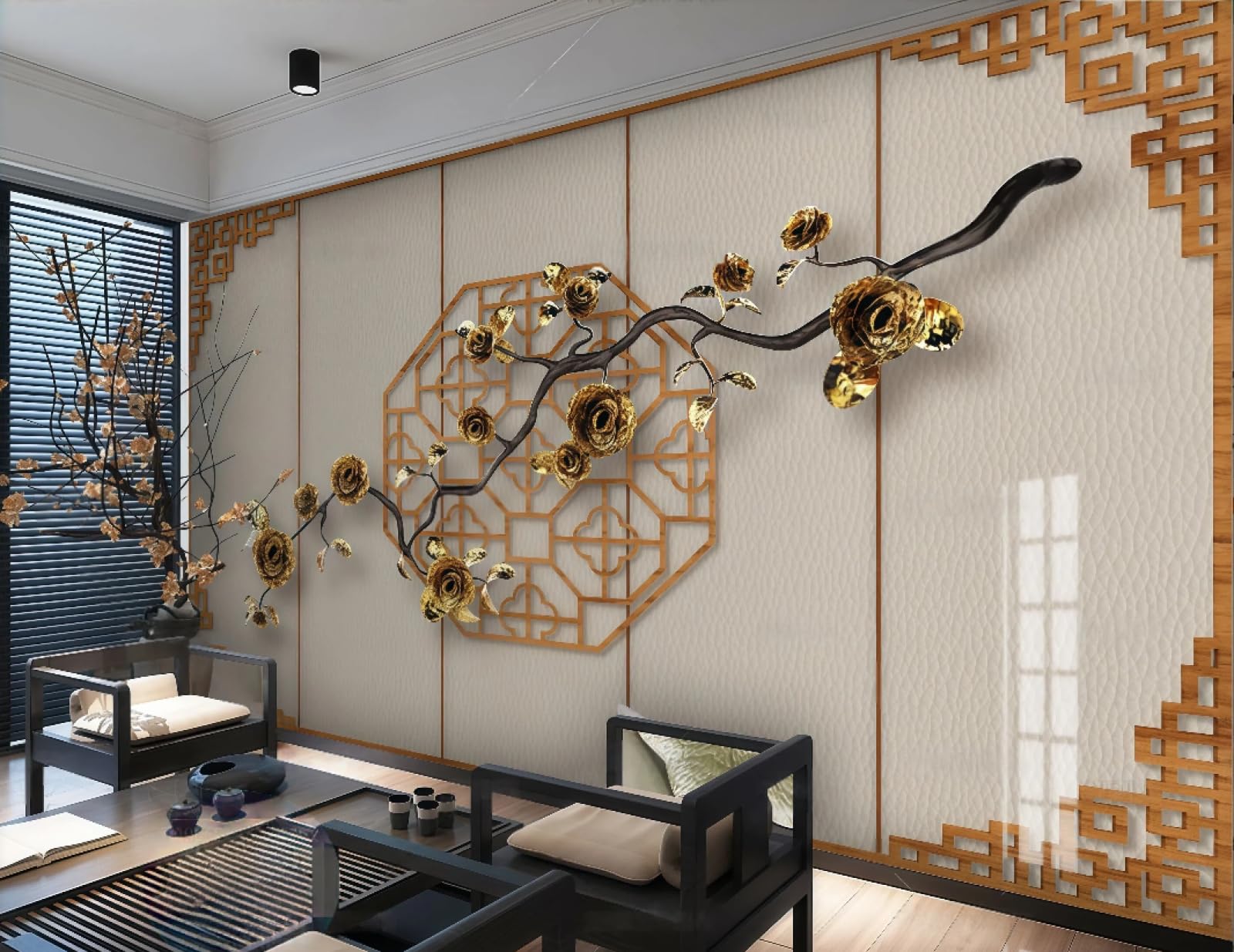 XDOUBAO Wallpaper Three-Dimensional Tree Branches Metal Iron Pane Drinks Afternoon Tea Coffee Shop Background Mural Western Restaurant Wallpaper,3D,250x175cm