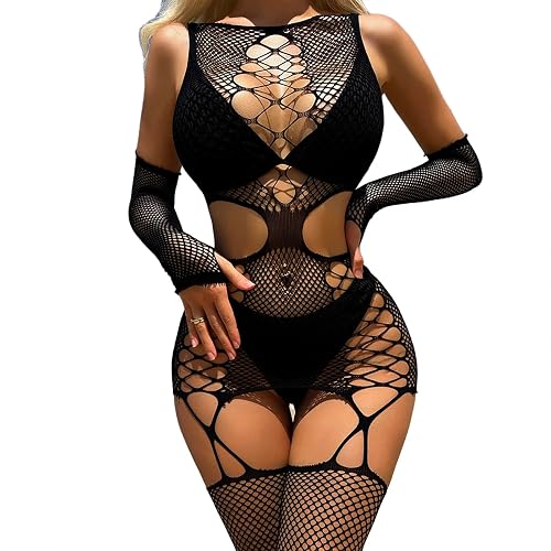 Aucute Damen Dessous ärmellose Netz-Bodystocking Sexy Rave Outfits, kreuz und quer gekreuzte hohle Mesh-Bodysuit-Strümpfe mit Handschuhen - Schwarz