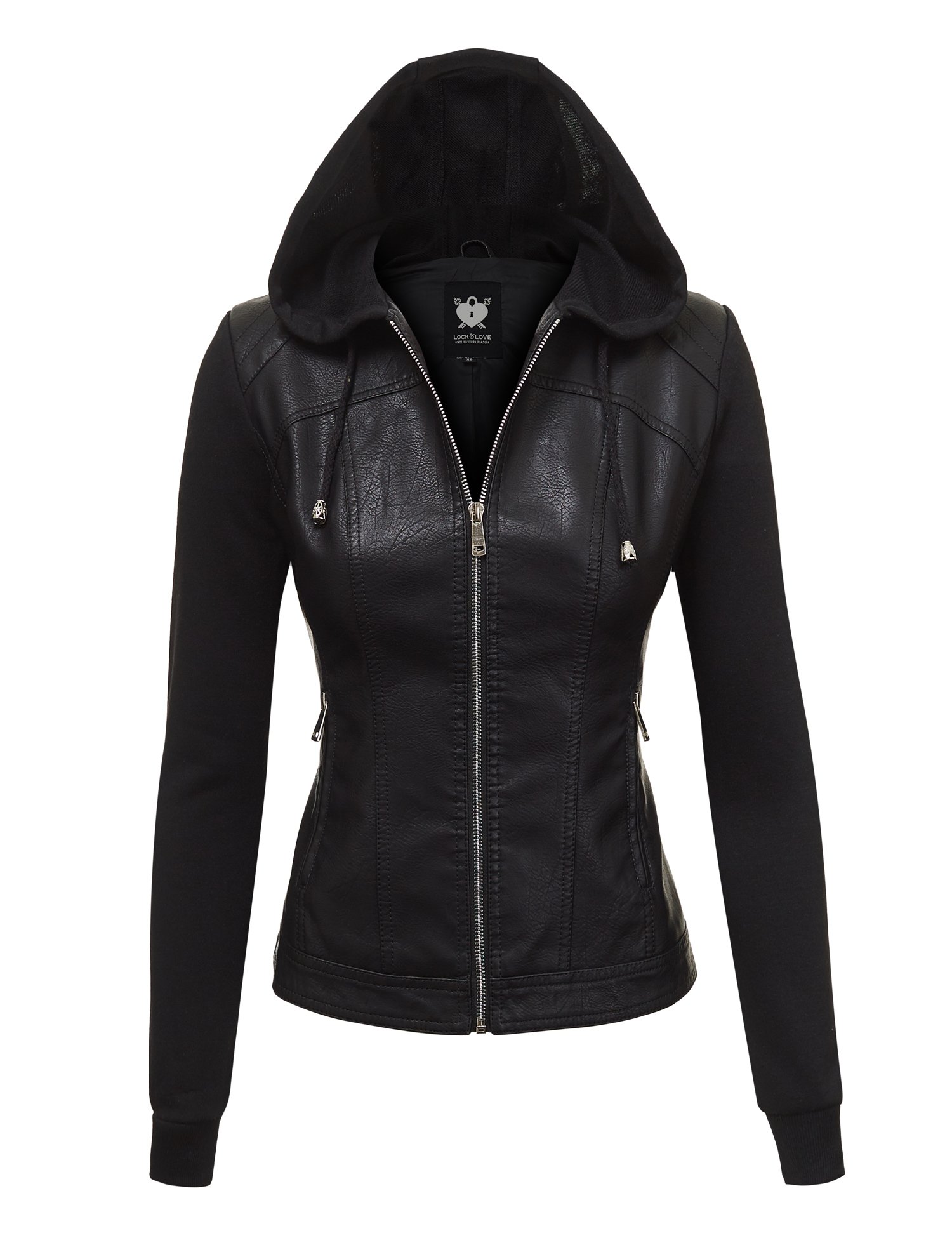 Women's Faux Leather Moto Biker Jacket Coat with Removable or Non-Removable Hood