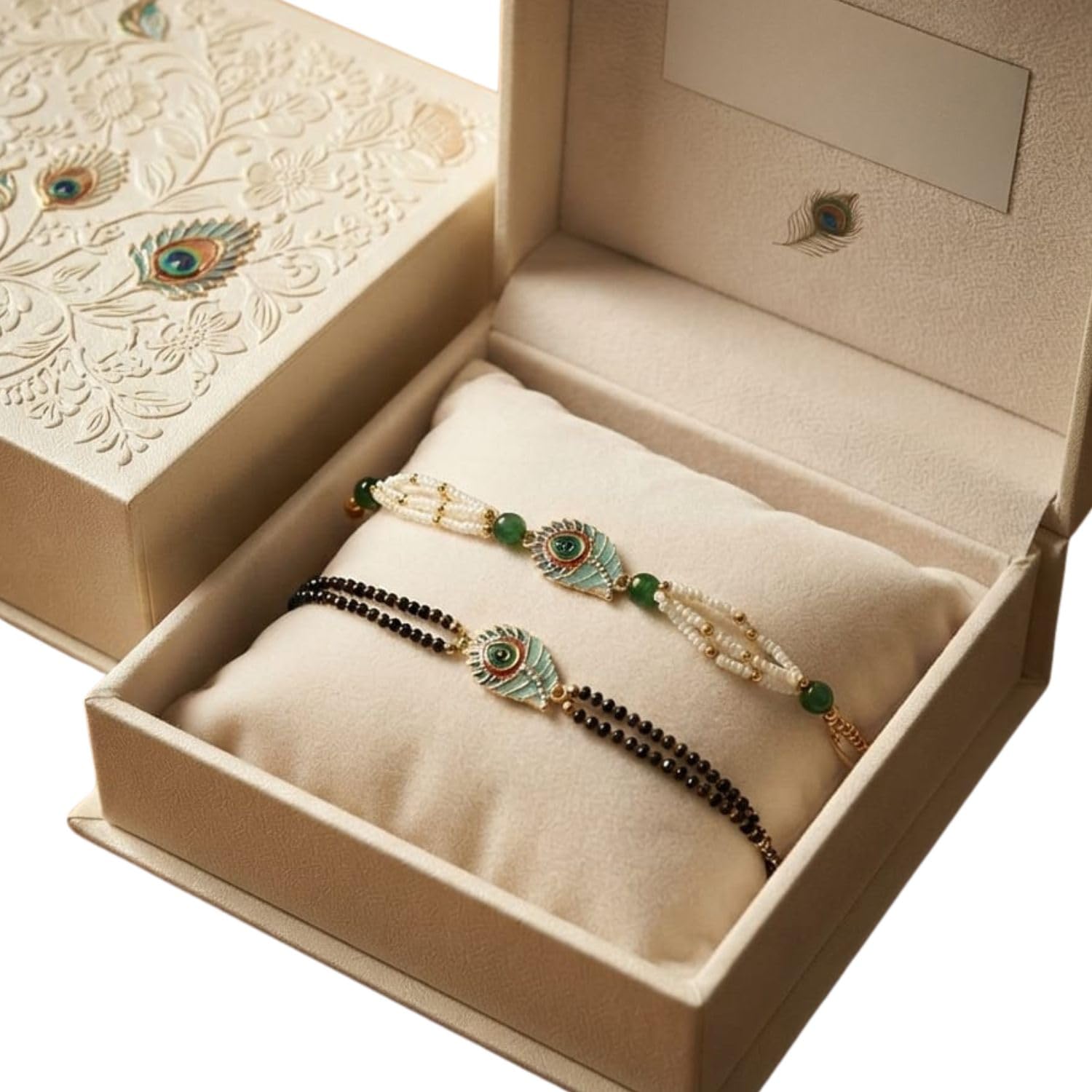 Beautiful Peacock Feather Rakhi Pair with Pearl and Bead Thread for Brother Handmade Festival Rakhi-image-34