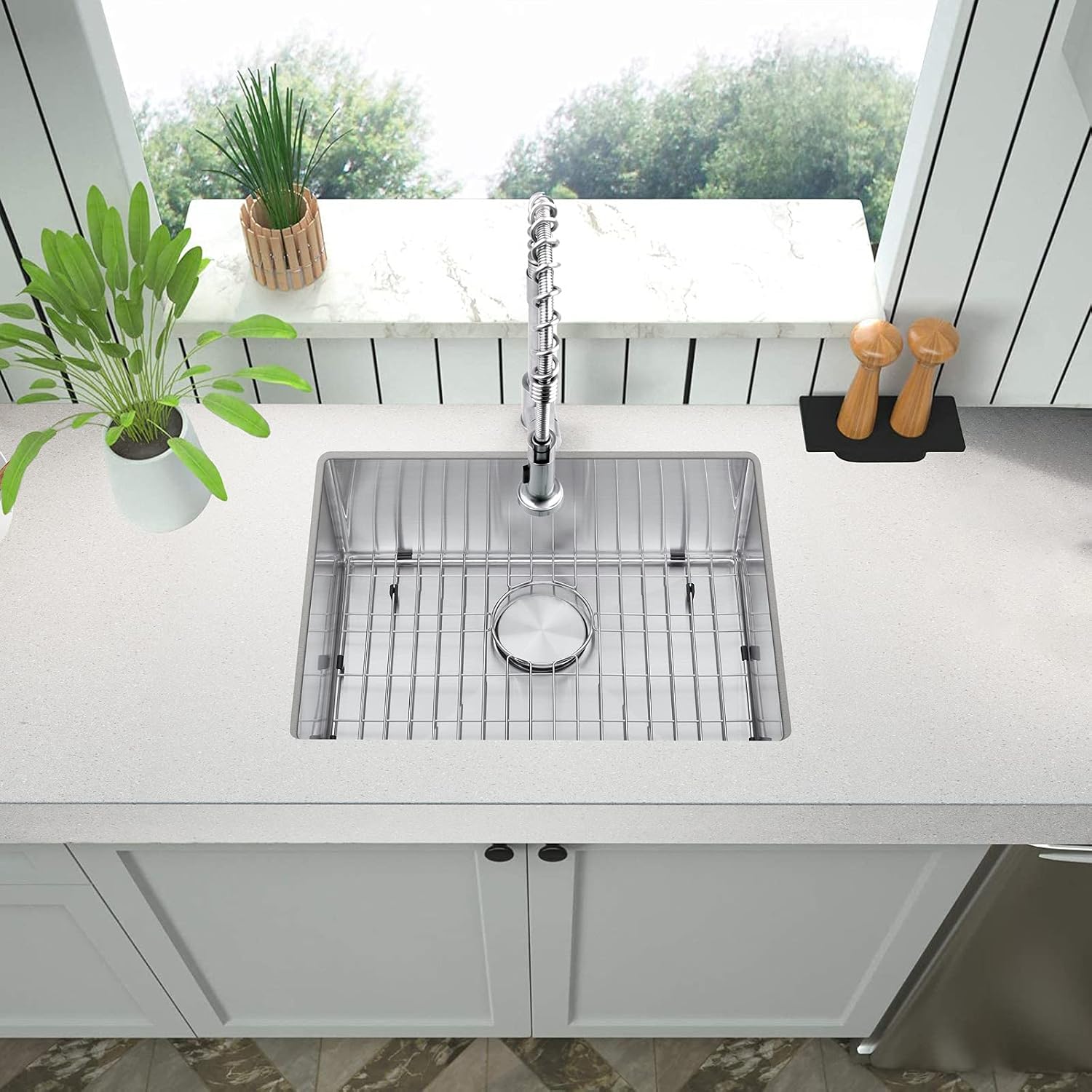 Akicon 23" Undermount Kitchen Sink and Pull-down Faucet Combo with Drain Assembly with Strainer, Protective Bottom Grid, All in One (23" x 18" x 9")