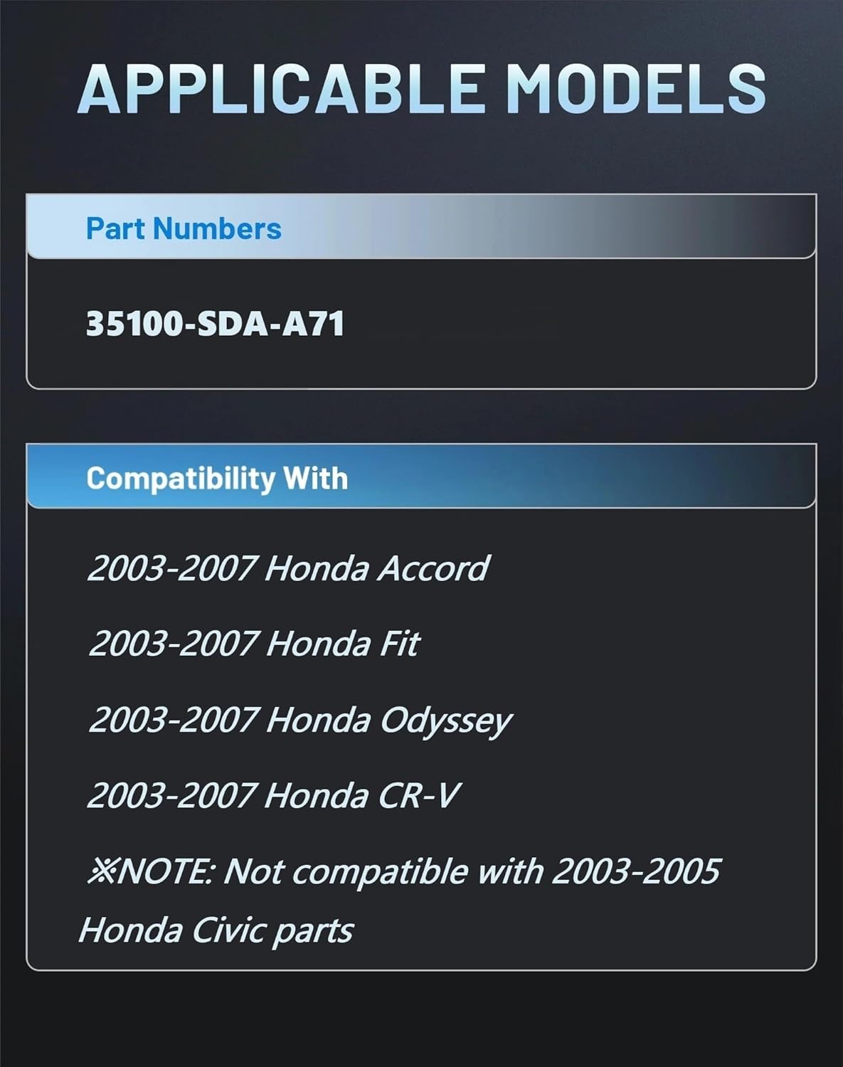 35100-SDA-A71 Ignition Switch Lock Cylinder Assembly with 2 Keys Compatible with Honda Accord 2003-2007/ Odyssey 2003-2007/ Fit 2003-2007/ CR-V 2003-2007