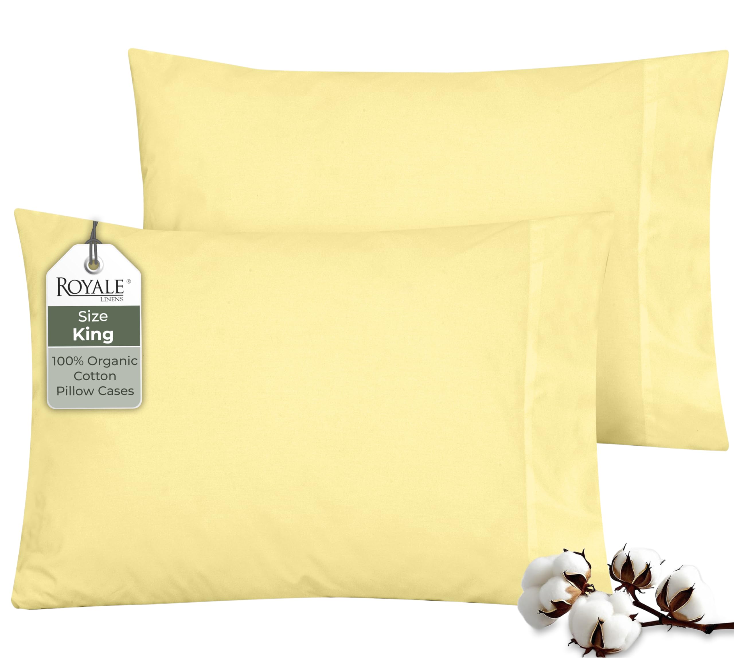 ROYALE LINENS 100% Organic Cotton Percale Pillowcases Set of 2 - King Size Percale Pillowcase - King Set of 2 Pillow Cover - Breathable, Cool &amp; Crisp Pillow Cases (20"x40", Yellow)