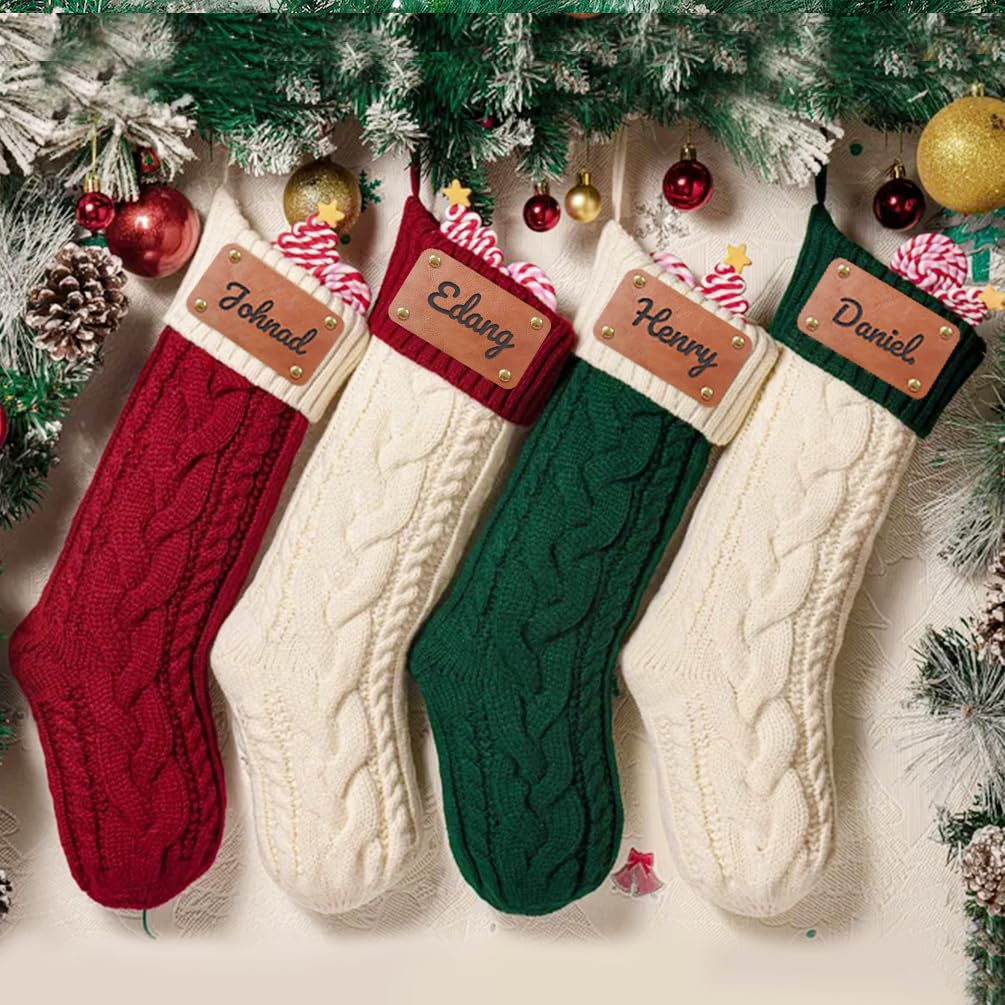 Chaussette de Noel Personnalisé avec Nom, Grandes Tricotés Chaussette de Noël Suspendre Cheminee Decorative Chaussette Noel Broderie Bas Personnalisable Cadeau Décorations Sapin de Noel
