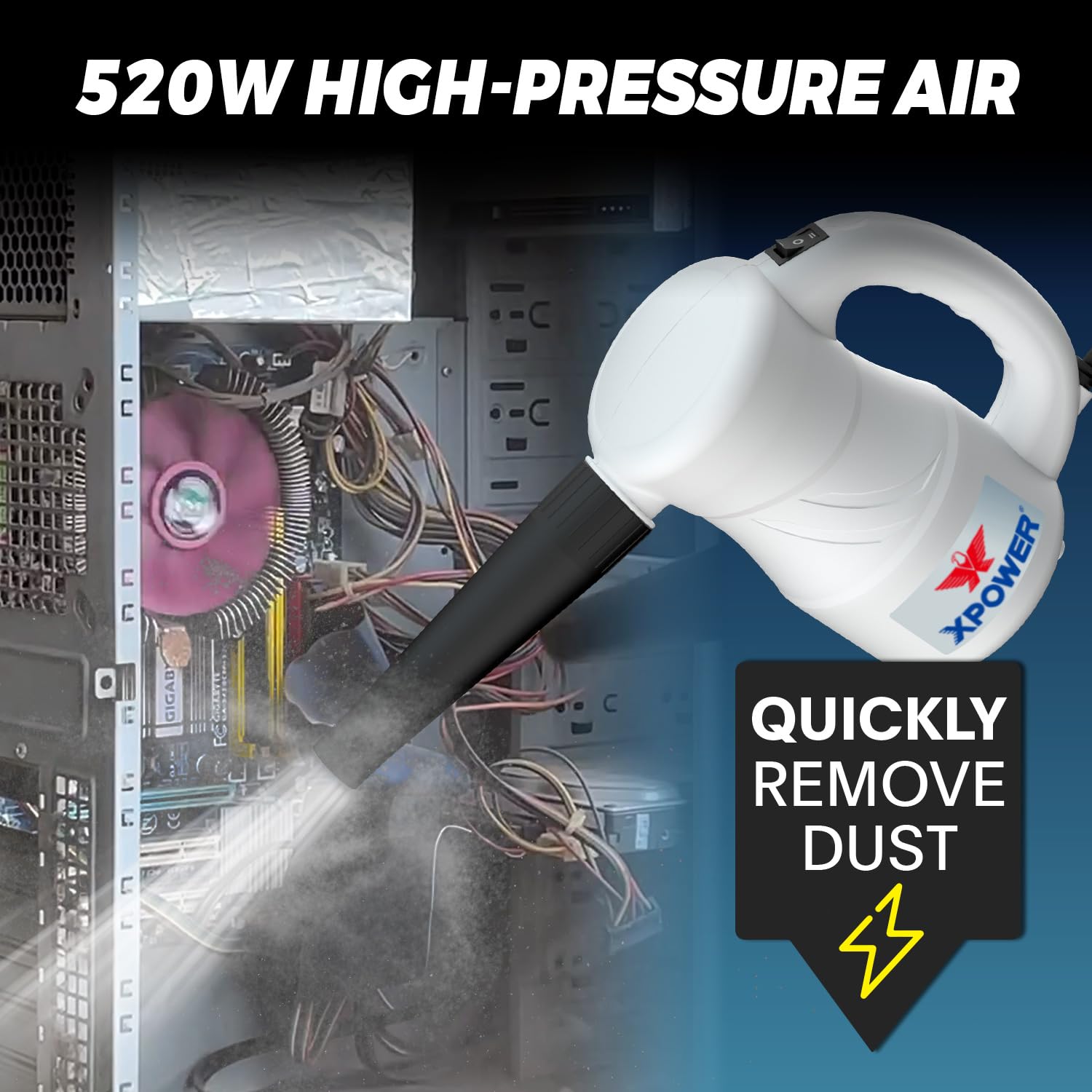 XPOWER Cyber Duster - Plumero de aire eléctrico para quitar el polvo, secar, inflar, soplar, detallar el coche, mantenimiento de la computadora, soplar hojas, motor de alto rendimiento, ecológico