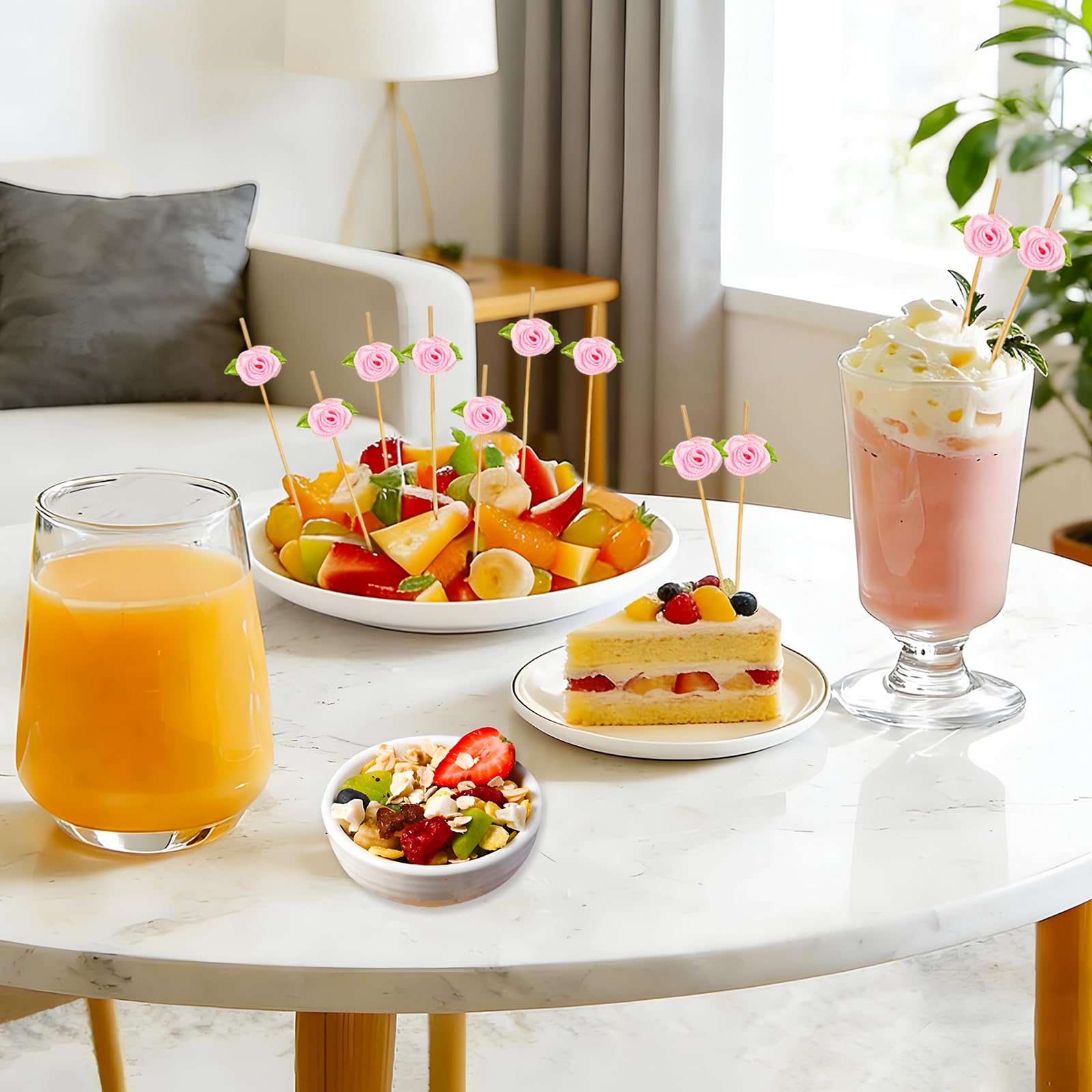 Stuzzicadenti da Cocktail, 100 Pezzi Spiedini da Cocktail Fiore, con Decorazioni Fiore e Foglie Verdi, 12cm, per Estate, Feste di San Valentino, Compleanno e Matrimoni (Rosa)