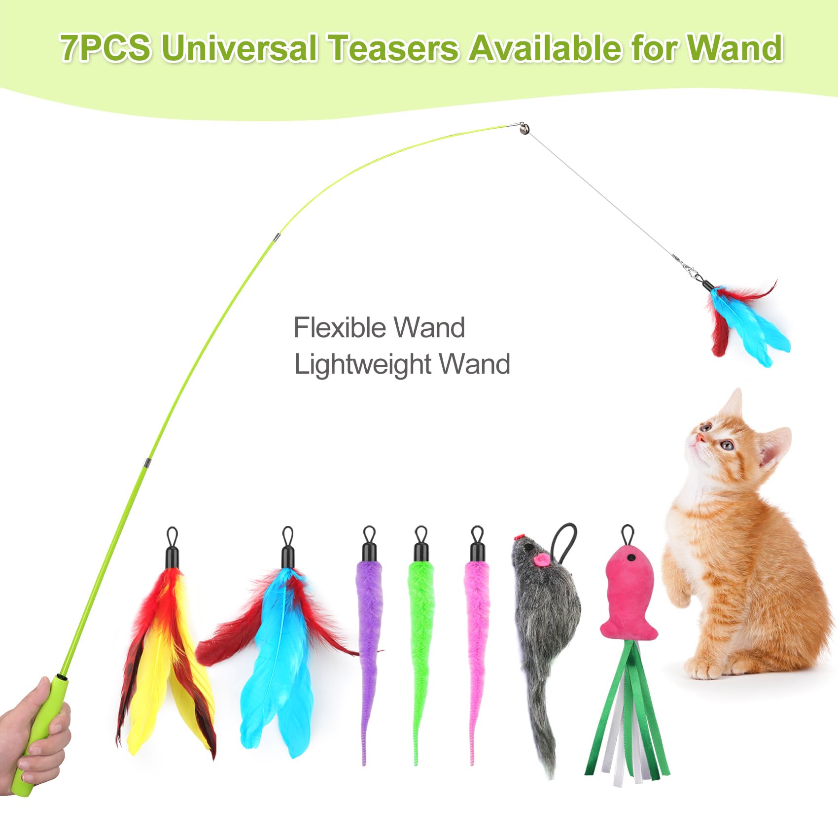 ChicWow Interactive Retractable Cat Wand & Hanging Toys for Cats - 2 Wands, 2 Hanging, 7 Teaser Cat Toys for Indoor Adult Cats Kitten, Includes Feather, Mouse, Fish, Worm, 1 Spare Elastic Rope