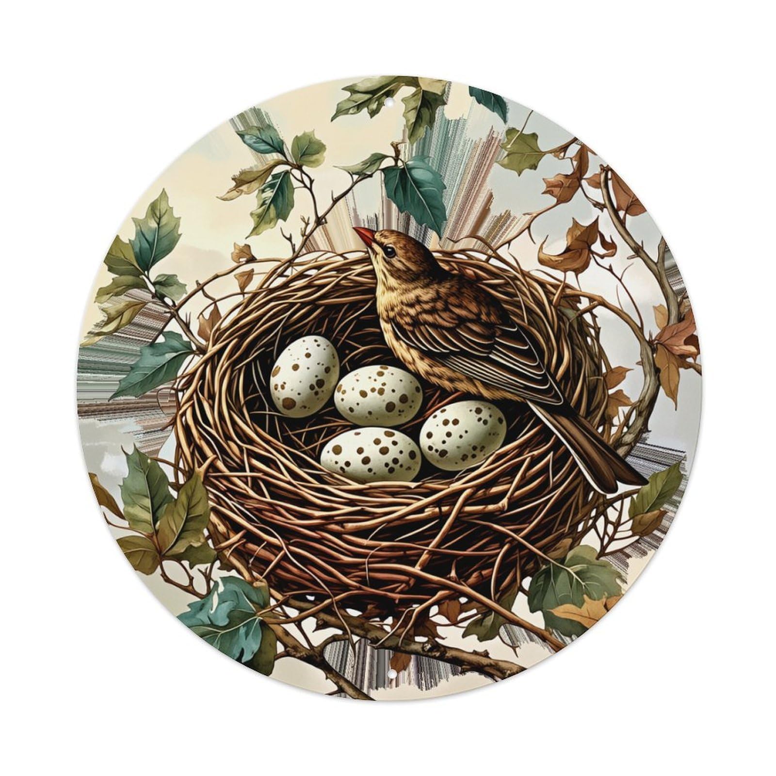 Bird Nest Eggs Leaves Branch Round Tin Sign Retro Metal Sign for Cafe Bar Pub Home Game Room Gym Club Wall Decoration Vintage Metal Poster 8x8 Inch