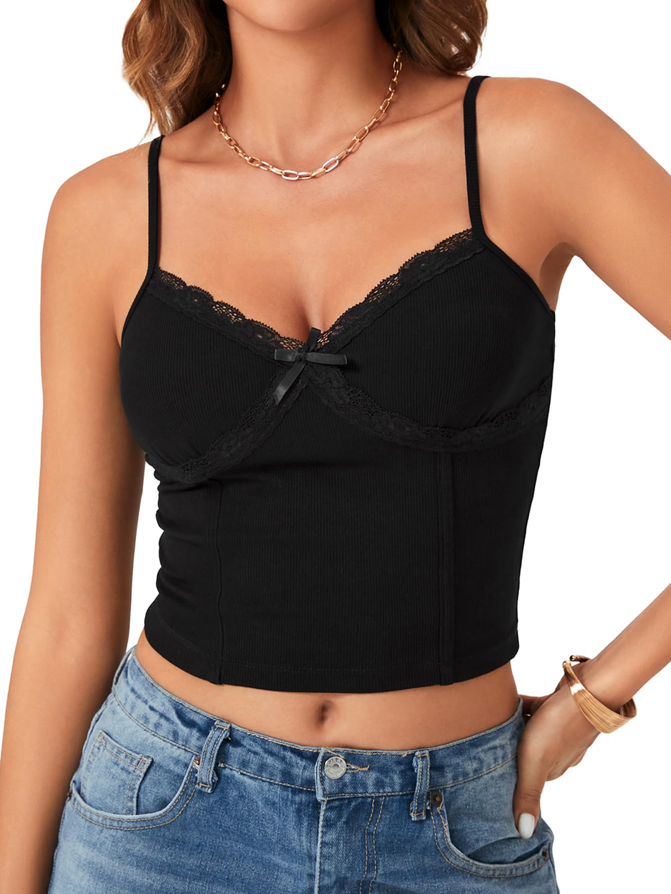 Rooscier Womens Lace V Neck Camisole Adjustable Strap Crop Cami Ribbed Knit Slim Sleeveless Tank Top