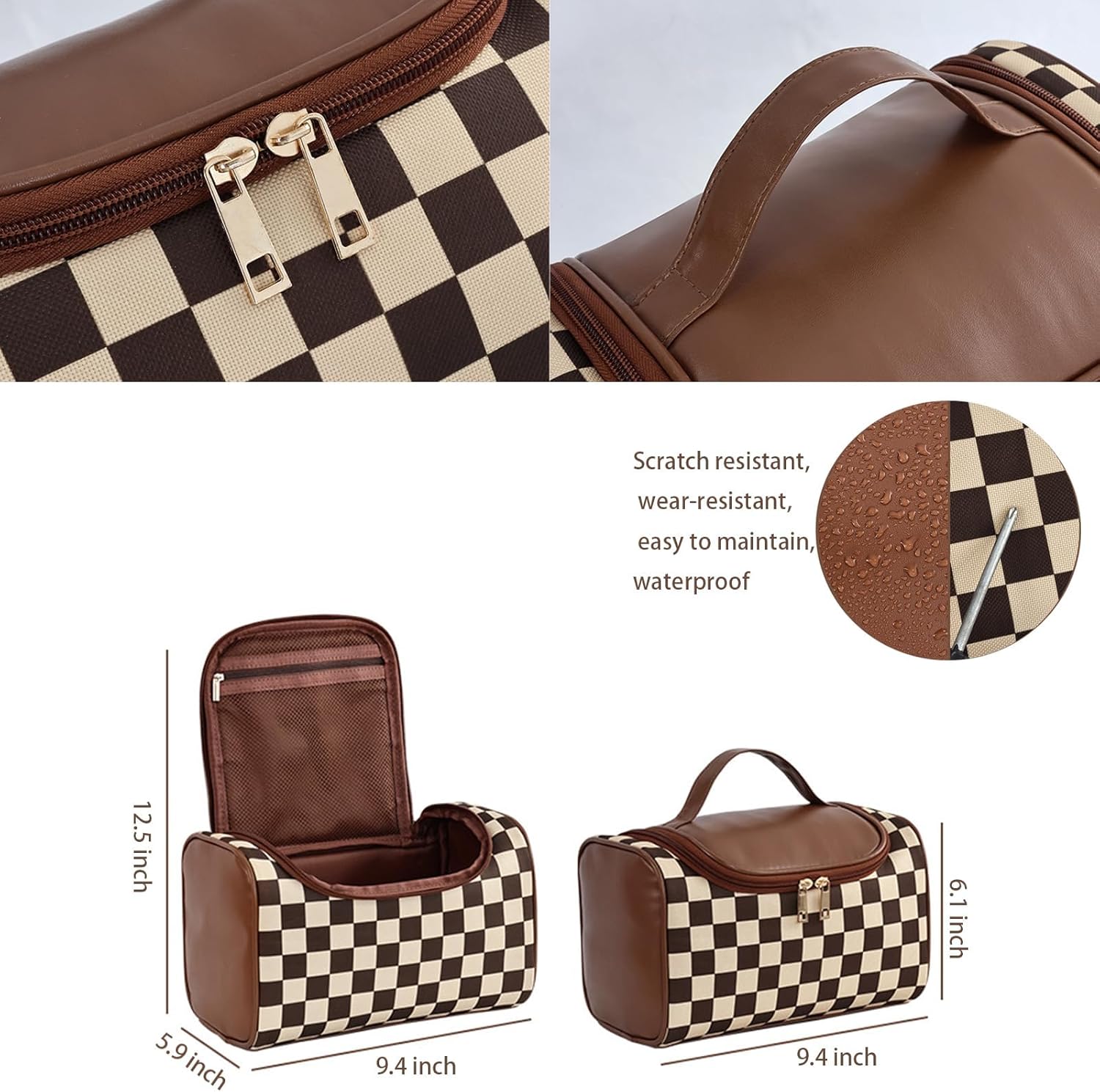 Makeup Bag, Travel Portable Checkered Pattern Cosmetics Skincare Storage Bag (Brown) - Image 2