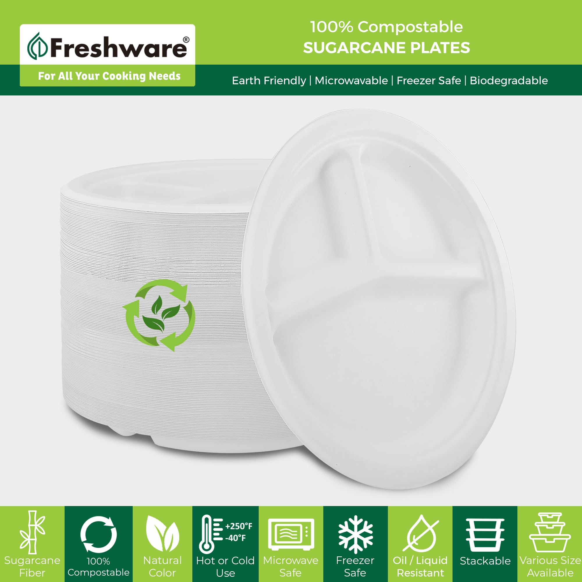 Freshware Pappteller, Einwegteller, 25,4 cm, biologisch abbaubar, Zuckerrohrfaser, robustes Geschirr, mikrowellen- und gefriergeeignet, stapelbares Geschirr, 3 Fächer, 125 Stück