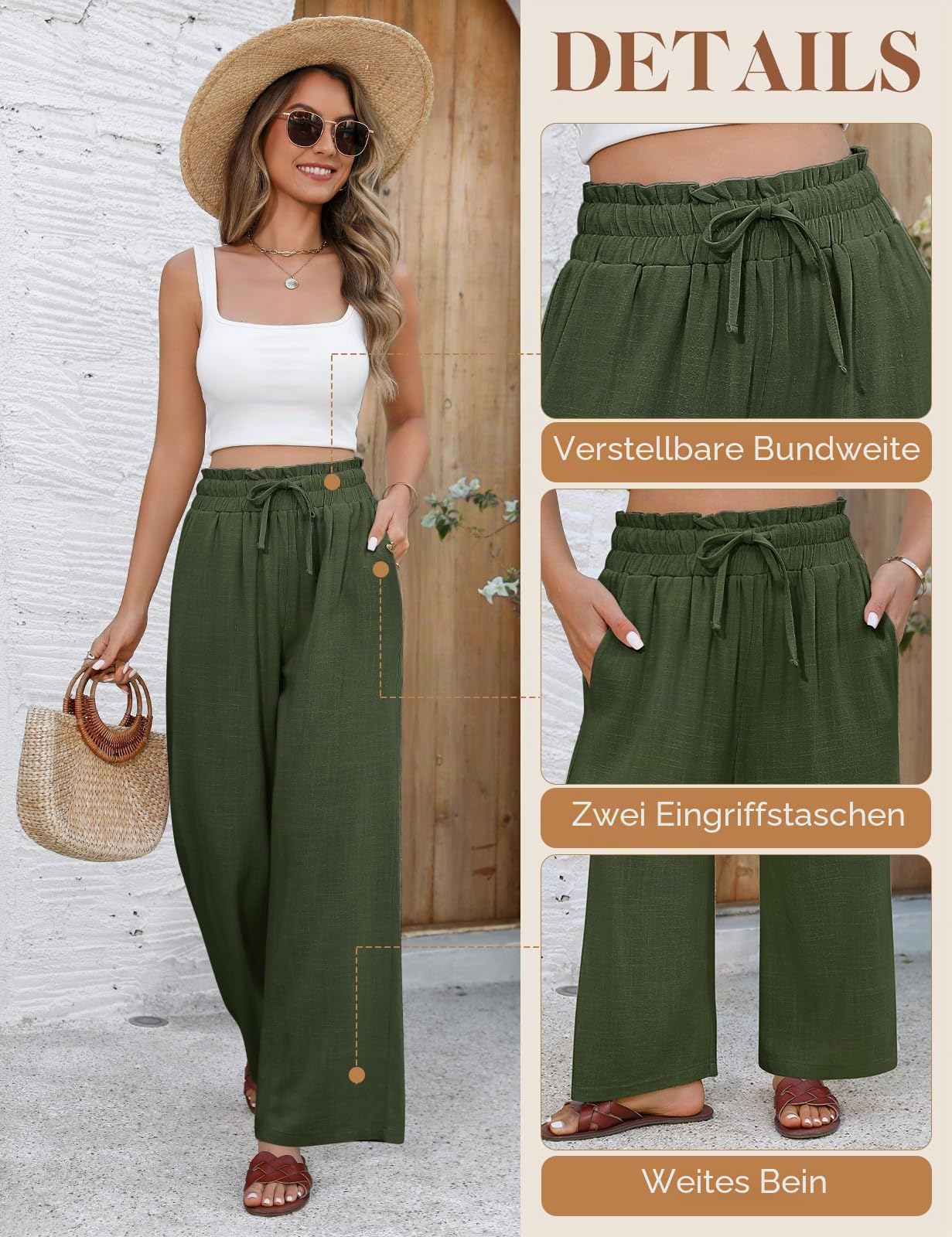 heekpek Leinenhose Damen Sommerhose Leichte Luftige Baumwolle Leinen Weites Bein Hose Sommer Loose Lang Freizeithose Elastisch Hohe Taille Bequeme Stoffhose Elegante Strandhose