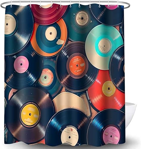 Miniatura 4 de YLOKTP0444 - Cortina de ducha con música retro, 72 x 72 pulgadas, discos musicales, álbum de baño, bañeras, juego de decoración con 12 ganchos