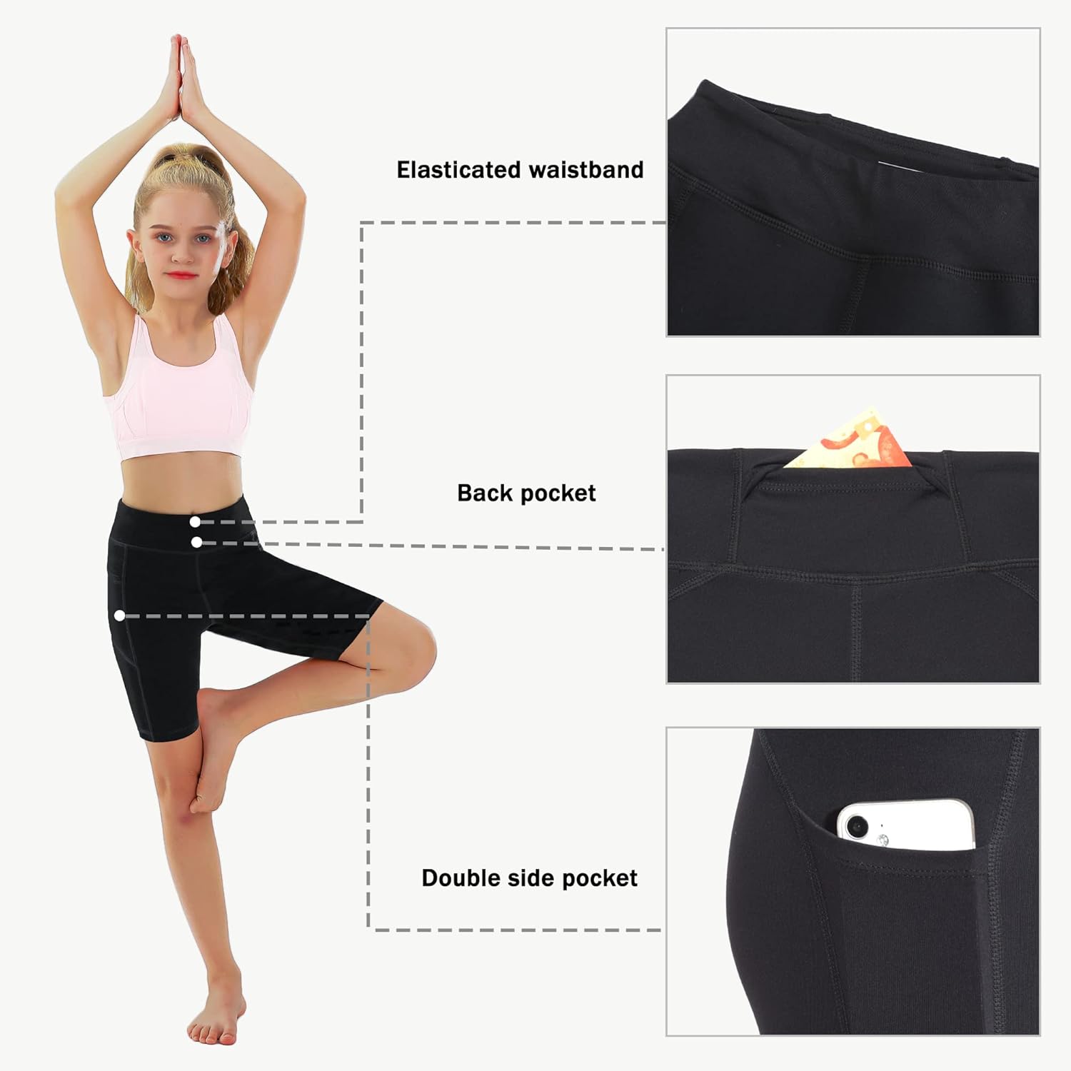 Vista 3 de MIVEI Pantalones cortos de elastano para voleibol de 4 pulgadas para niñas, pantalones cortos de compresión con bolsillo