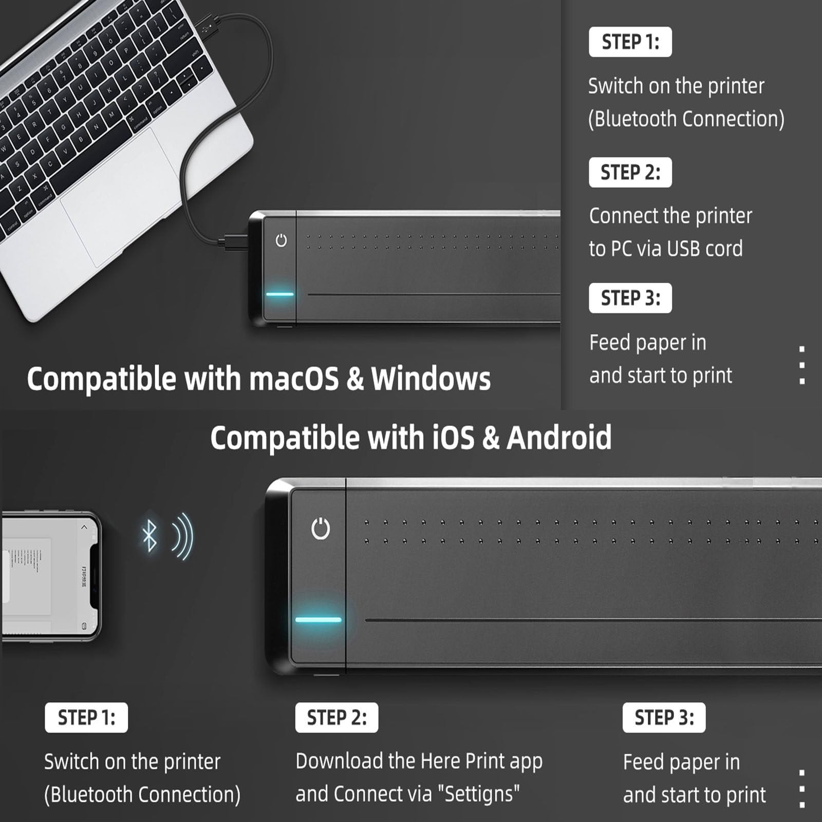 RIDAEX Stampante per ufficio portatile wireless Bluetooth A4 Stampante a trasferimento termico per gli spostamenti